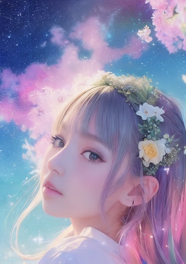 (masterpiece、top-quality、top-quality、aquarelle,Official art、Beautifully Aesthetic:1.2)、(1girl in:1.3)、kirakira,flower,From the upper body to the side、Looking Up,Fluffy dance hair,Eau、liquids、clouds、colourfull、starrysky、stele、