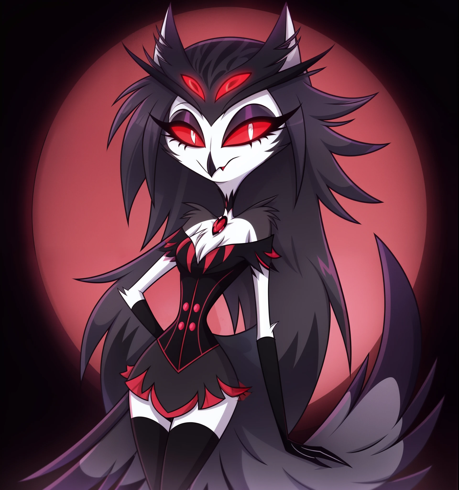 (Vivziepop style), anthro, octavia \(helluva boss\), owl demon, grey body, red sclera, white eyes, white face, tail feathers, octaviagoetia, female, hellhound, helluva boss, official art, solo, (by vivzmind), safe content,