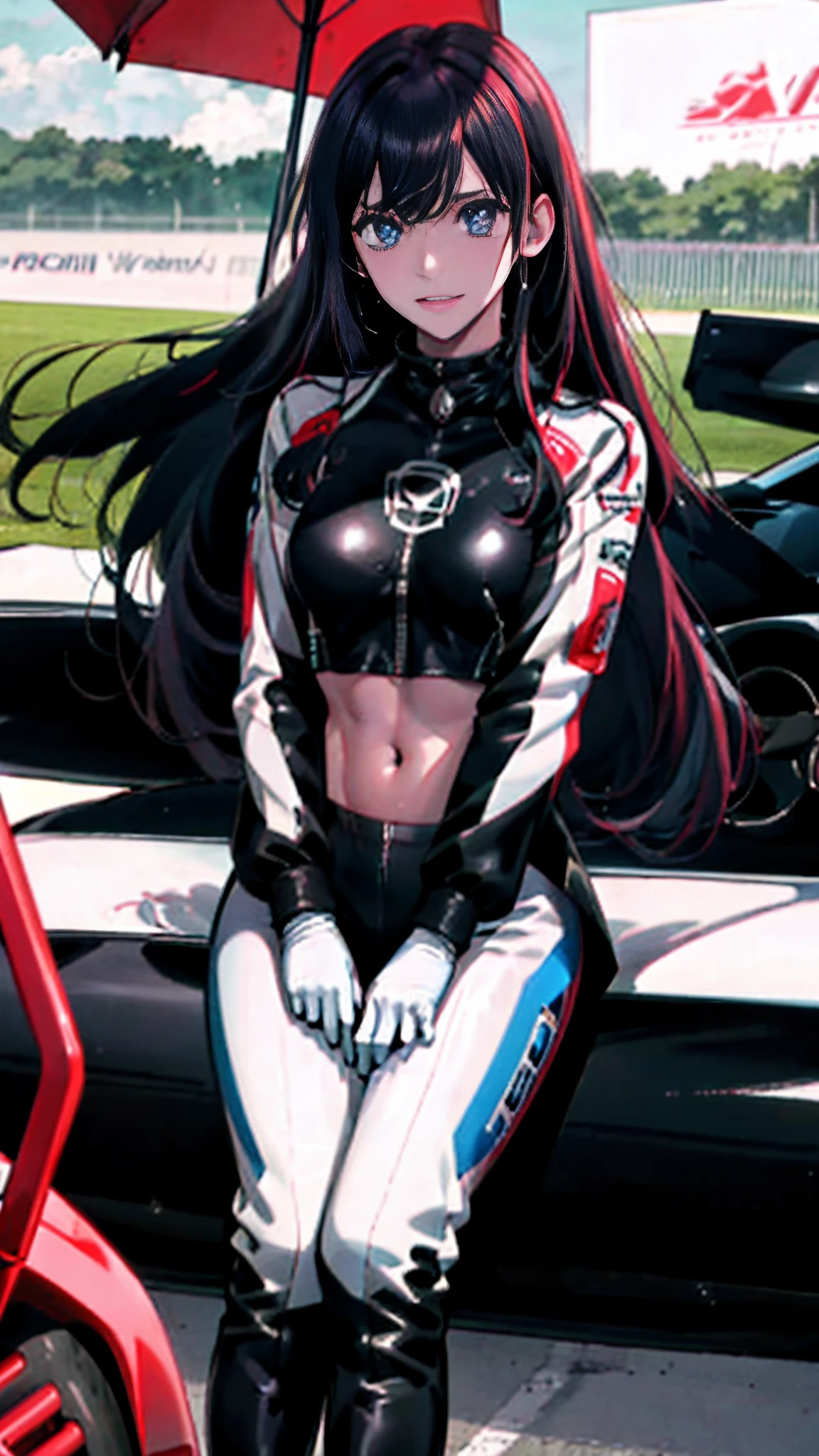 masterpiece,(ultra-detailed),1girl,, car,  racecar, circuit,   black bodysuit, cropped jacket, white jacket, long sleeves, two-tone gloves, thigh boots,The belly is exposed，large bust，Large breasts，long leges，Love Hoshino of racing，Flame it up，Squat or stand or sit，rainy sky，drenched all over the body，Behind you is a professional racing track，Abs，drenched all over the body，Eyes rolled up