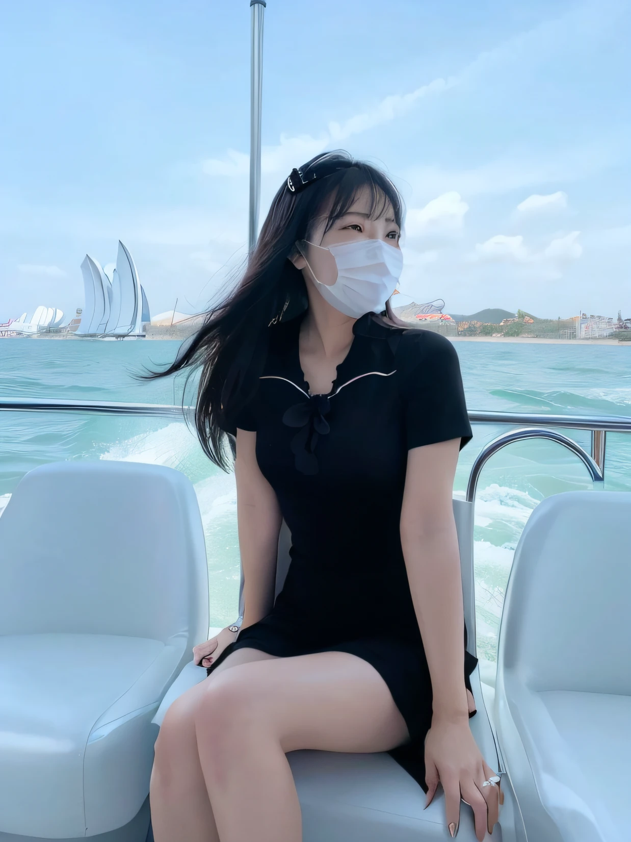 A woman in a black dress sits on a boat wearing a mask, On a boat, queen of the sea mu yanling, dilraba dilmurat, On a yacht at sea, xintong chen, On the sea, taken in 2 0 2 0, wenfei ye, on a boat on a lake, shaxi, Wearing an all-black door wave mask