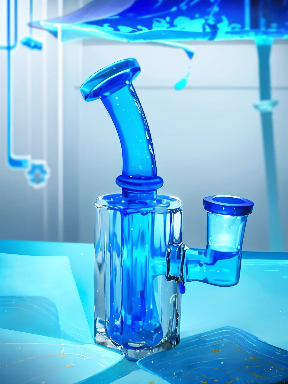 There is a blue glass tube on the table，With a blue handle, water pipe, foam, glass and gold pipes, Dipped in polished blue ceramic, blue drips, dripping blue natural iwakura, Blue haze, Long blue glass braid, 420, 4 2 0, Pipes attached, crack pipe, blue colors, Thick blue line