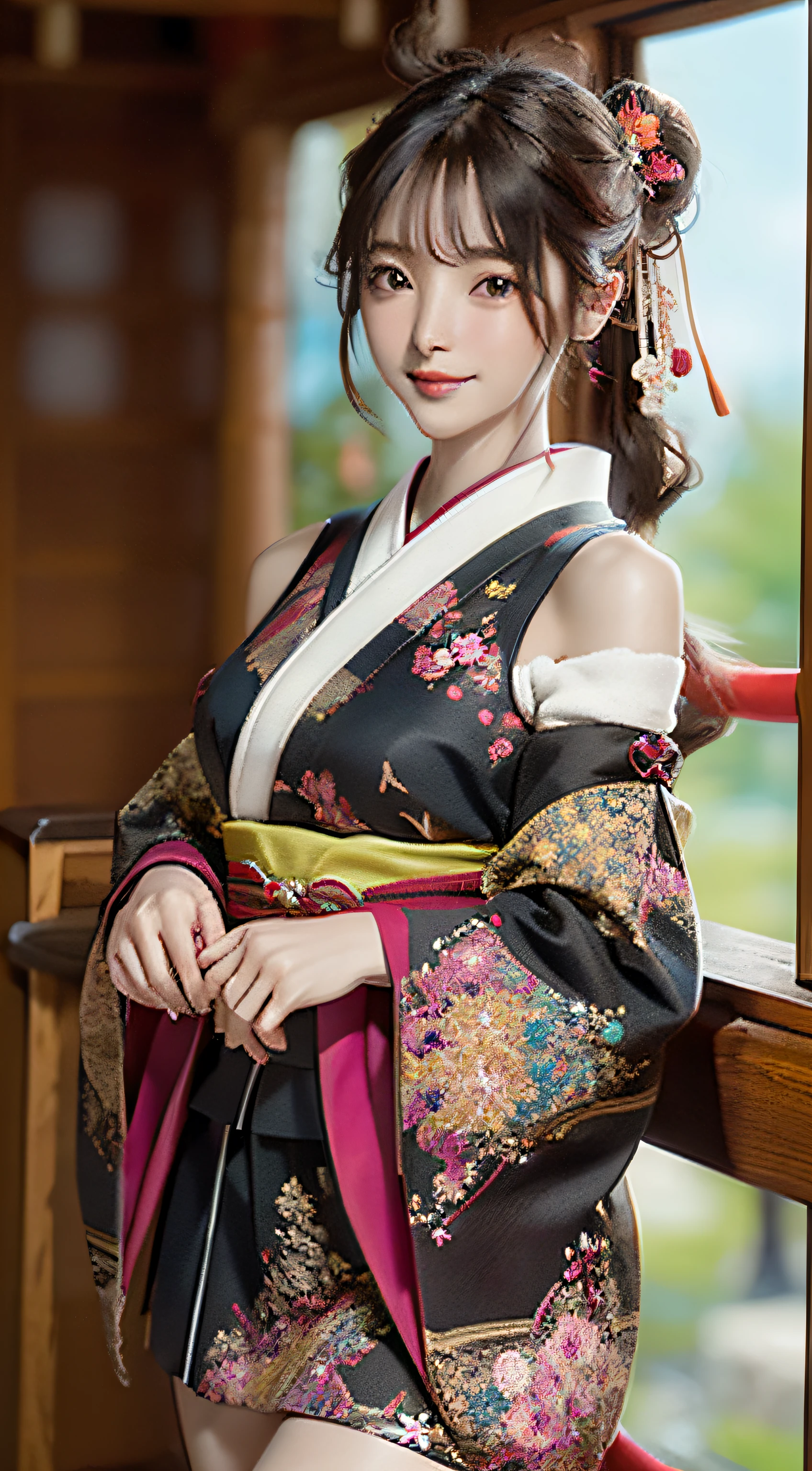Official art, 统一 8k 壁纸, ultra-detailliert, Beautifully Aesthetic, masterpiece, top-quality, (Zentangle, Tangles, Entanglement), (Fractal Art: 1.4), 1girl in, A dark-haired, japanse, bare shoulders, a short skirt, Calf, ighly detailed, dynamic ungle, cowboy shot, (The most beautiful forms of chaos), A flowing, (bright colour), nffsw, (half: 1.2), japanese-inspired, (Tanka Flying Sky: 1.5), (bow ribbon: 1.3), (Dreams: 1.5), (A Japanese style: 1.5), Japan Phoenix、(A smile:0.5)、(japanese god)、