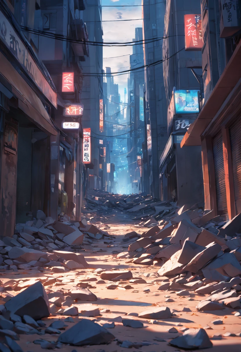 masutepiece, The ultra-Highres, Broken streets, Broken City, Gravelly covered ground, Broken signs, Natural light surreal sci-fi scene, From the perspective of the lowest strata (Light and shadow effects), (depth of field effect), (Tyndale), (Optical particle tracking), (NFFSW (english)), (Horror Movie Lighting Visual Effects), (Volumetric lighting), (bright colors), Best Quality, 8K