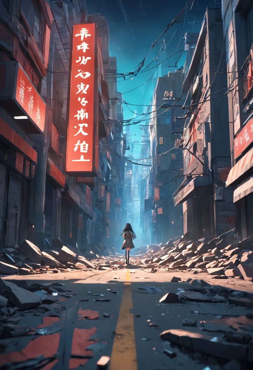 masutepiece, The ultra-Highres, Broken streets, Broken City, Gravelly covered ground, Broken signs, Natural light surreal sci-fi scene, From the perspective of the lowest strata (Light and shadow effects), (depth of field effect), (Tyndale), (Optical particle tracking), (NFFSW (english)), (Horror Movie Lighting Visual Effects), (Volumetric lighting), (bright colors), Best Quality, 8K