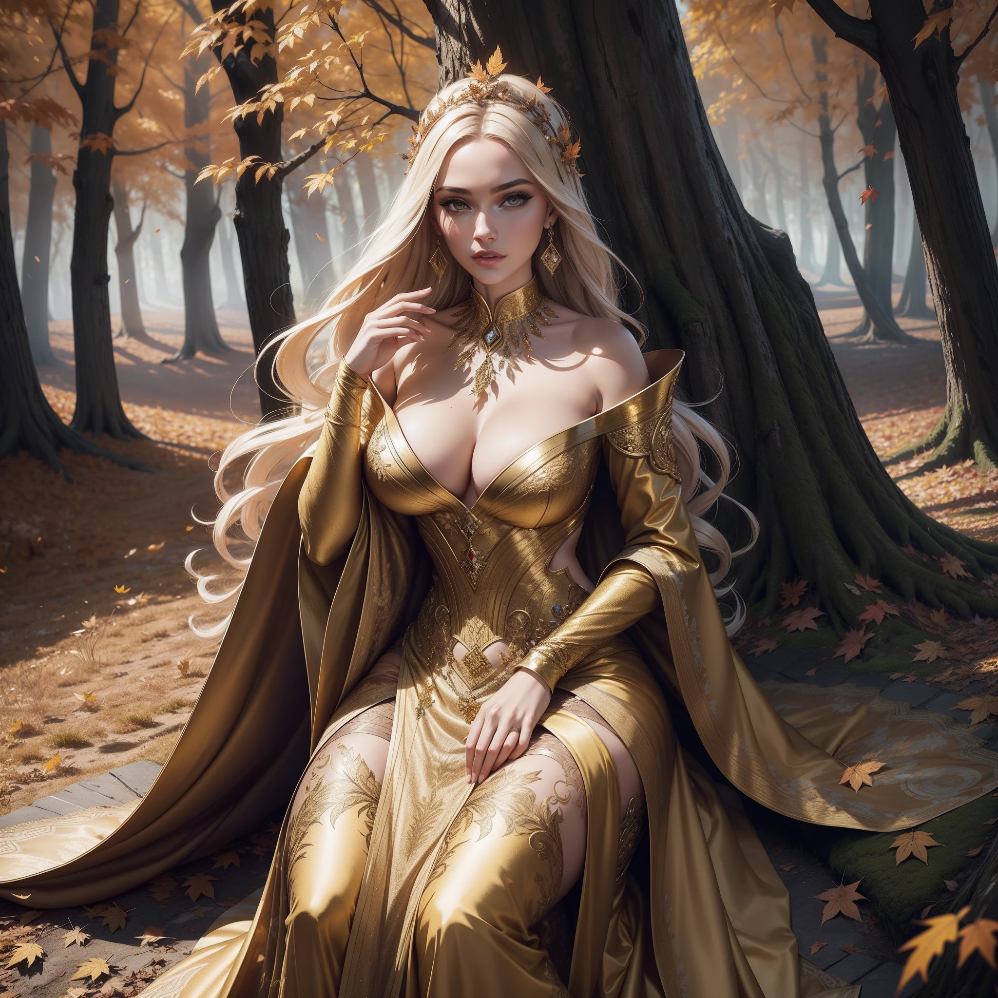 A woman in a golden dress surrounded by autumn leaves, fantasy style clothing, colorful rich fantasy clothing, fashion clothing, by Bascove, luxurious theme, style of laura sava, fashion poster, fashion design, creativity in fashion design, fashion clothes, designer fashion, creative fashion, fashion designer, digital effects fantasy, luxury fashion illustration, foliage clothing, the goddess of autumn harvest, Canon EF 24 - 70mm f/ 2. 8L II USM lens on a Canon EOS 5D Mark IV camera,