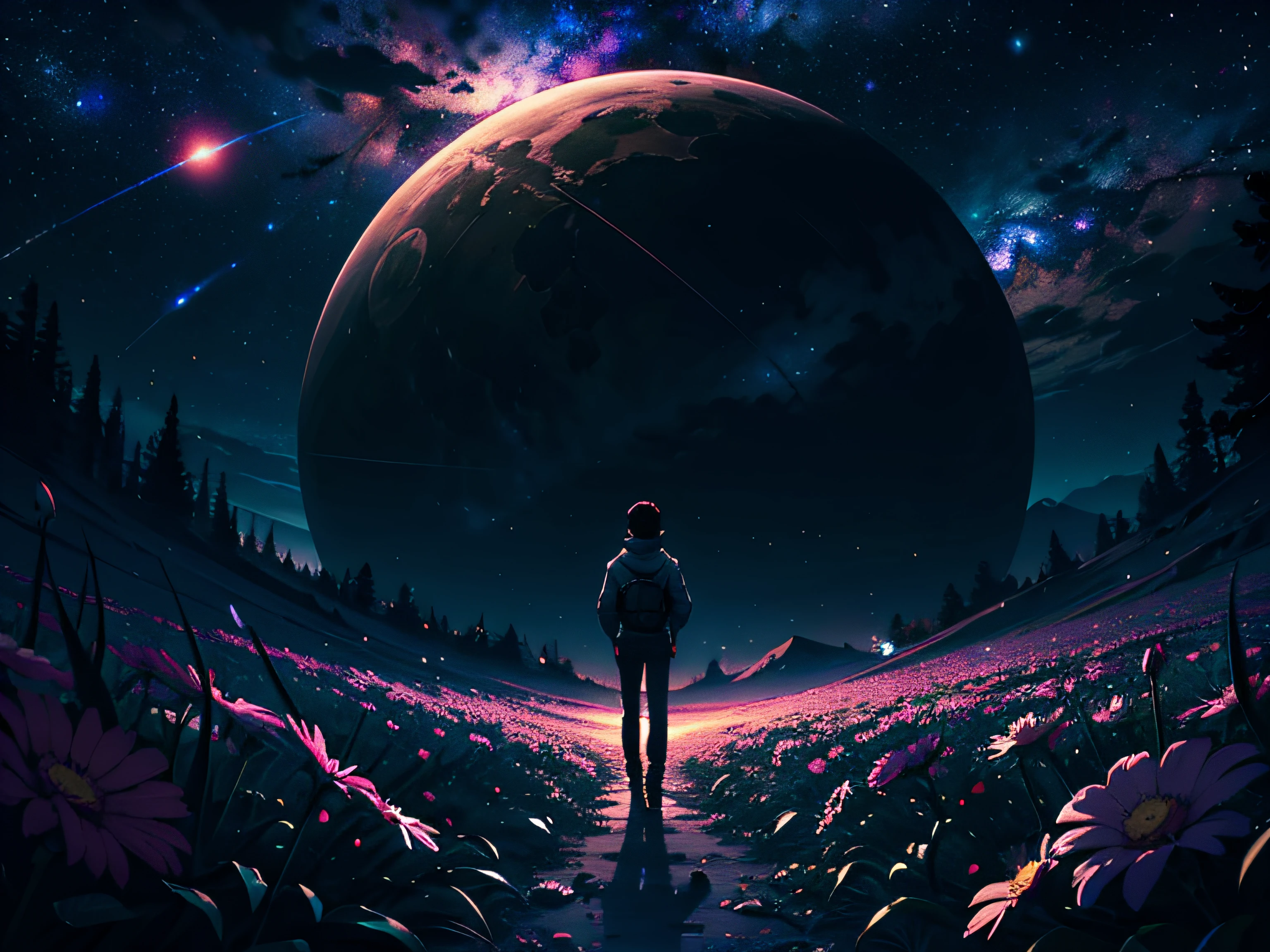 4k Landscape, beautiful stars at background, looks like a dream, sky looking extremely beautiful, ultra resolution, perfect lighting, Dark space, space photo, extremely beautiful, fantasy world, young guy standing on flowers, looking at the sky, dark vibes, perfect color grading, a planet at the sky
