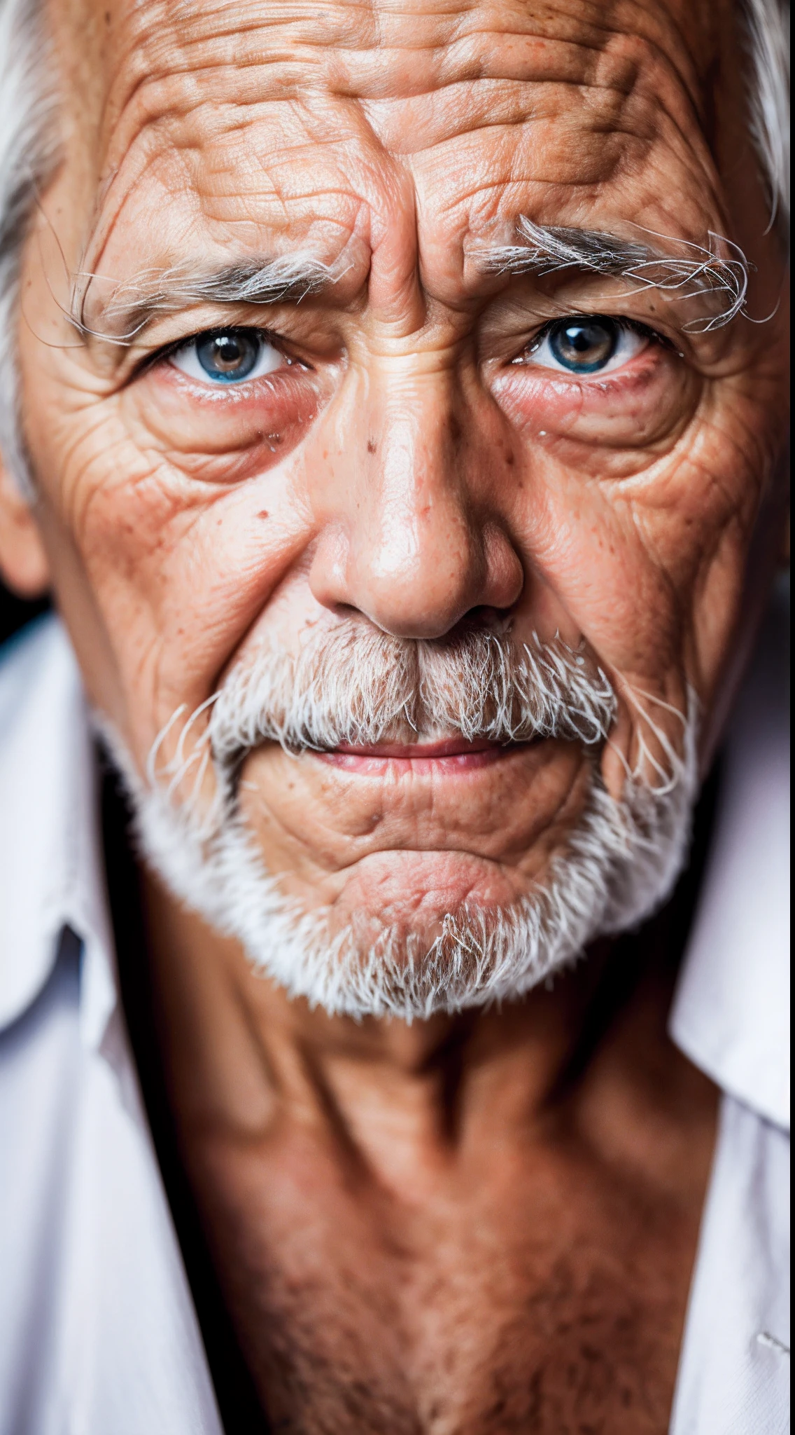 A detailed and macro photograph of an elderly man's face, captured using a Sony A7r camera with an FE 50mm - F 2.8 GM lens.