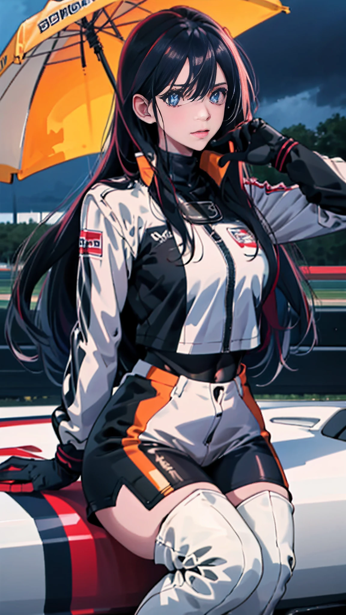 masterpiece,(ultra-detailed),1girl,, car,  racecar, circuit,   black bodysuit, cropped jacket, white jacket, long sleeves, two-tone gloves, thigh boots,The belly is exposed，large bust，Large breasts，long leges，Love Hoshino of racing，Flame it up，Squat or stand or sit，rainy sky，drenched all over the body，Behind you is a professional racing track，Abs，drenched all over the body，Eyes rolled up