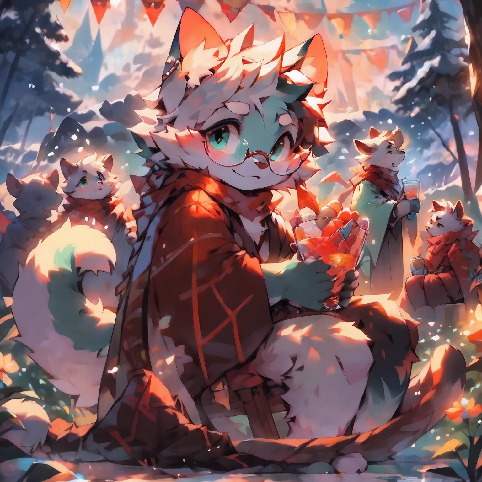 a fully adult cat with big circle glasses and a red scarf, a handsome cat fursona with teal fur color, the chest has white fur, white fur around mouth and cheeks, white hair, fluffy black cat ears, fluffy white neck, he is in a snowy place sitting on a soft chair looking out to the snowy landscape through a glass window. bushy tail, and perked up fluffy big ears. He wears a fluffy warm and cozy kimono, he is holding a warm cup of cacao. His eyes are bright with wonder as he surveys the snowy woods outside the cabin,a lot of snowflakes falls down from the sky. The young adult cat has a relaxed expression, ready to explore the outside world. big trees covered by snow in the background. there are colorful fireworks in the snowy sky, the perspective is zoomed out