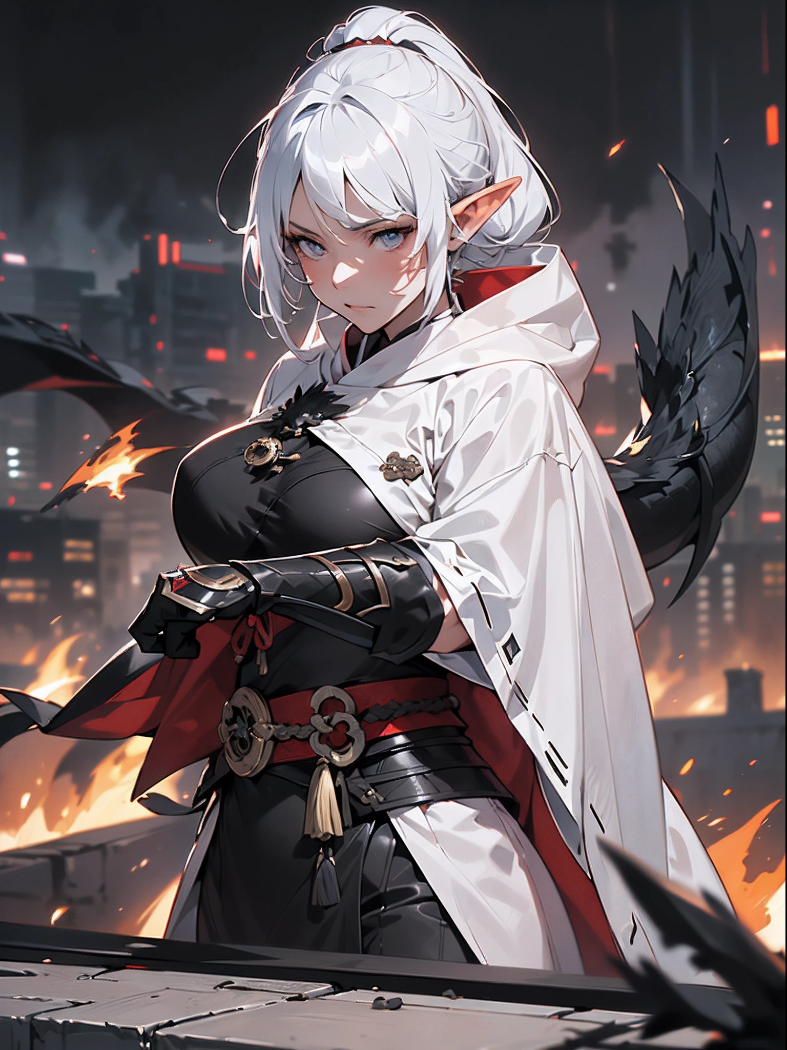 ((jpn)),((Best Quality)),((Beautifully painted)),((hight resolution)),1girl in,(((Beautiful Elven Daughter))),((Onmeiji))),(((Suikan))),((White cloak with red decoration)),Luminescent bushy silver-haired ponytail,Shining eyes,(((Black gauntlet and gloves))),nice hand, Perfect hands,(((quickstep))),(((Fight a black dragon on the streets of a big city on a fiery night))),((Flying flames)),armor,(facefocus),(((Motion Blur))),(((Dynamic Angle))),((Cinematic lighting)),shooting star