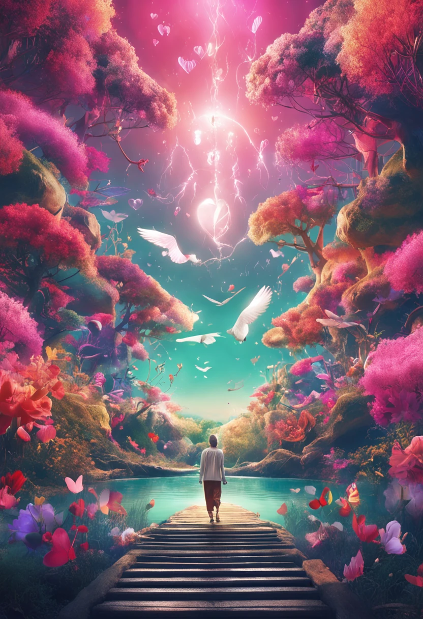Express the feeling of love and harmony associated with the 528 Hz Solfeggio frequency。NP、a person々The image of holding hands and、Think of a forest or garden scene with a heart-shaped pattern.