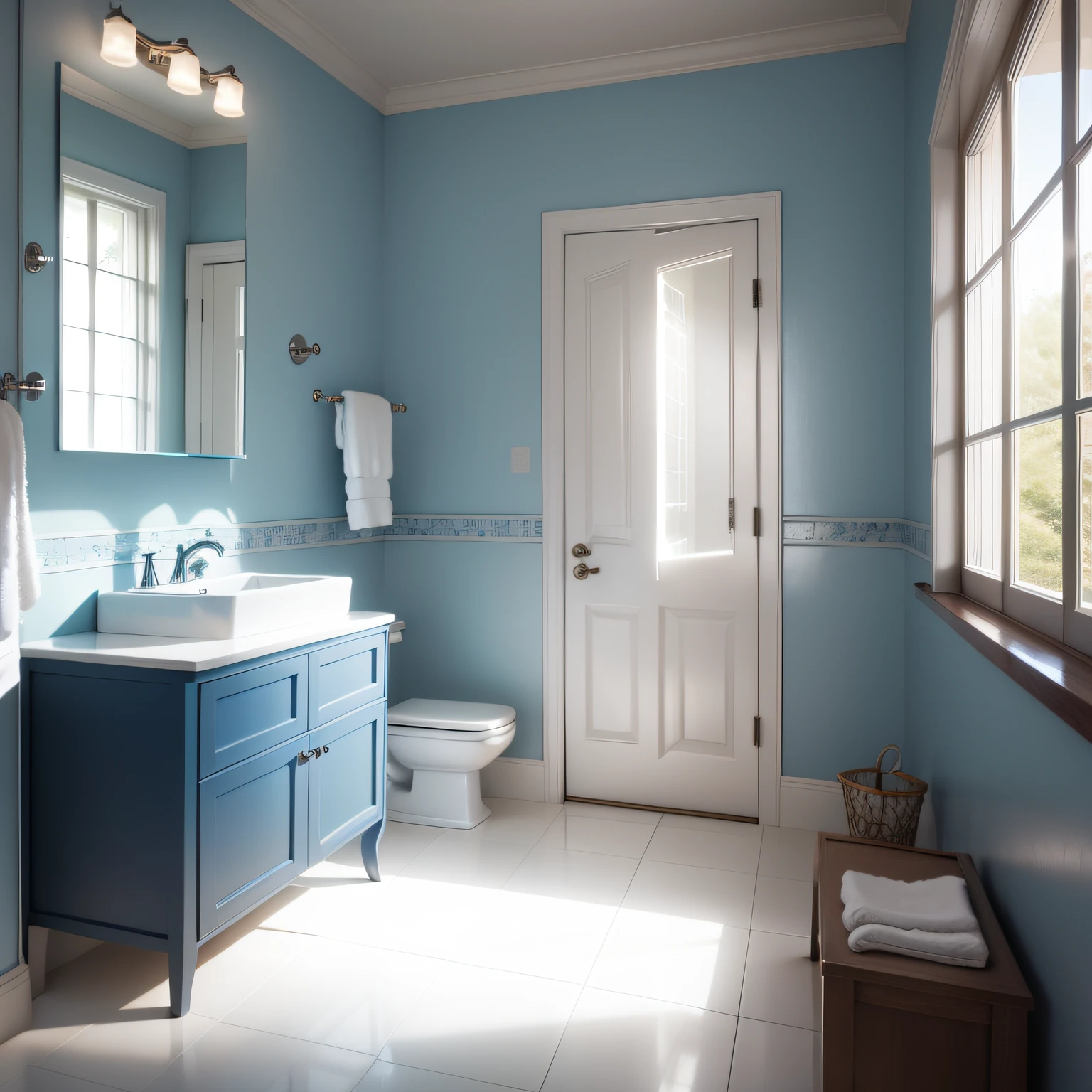 bathrooms with blue vanity with Shower Bench and Accessories