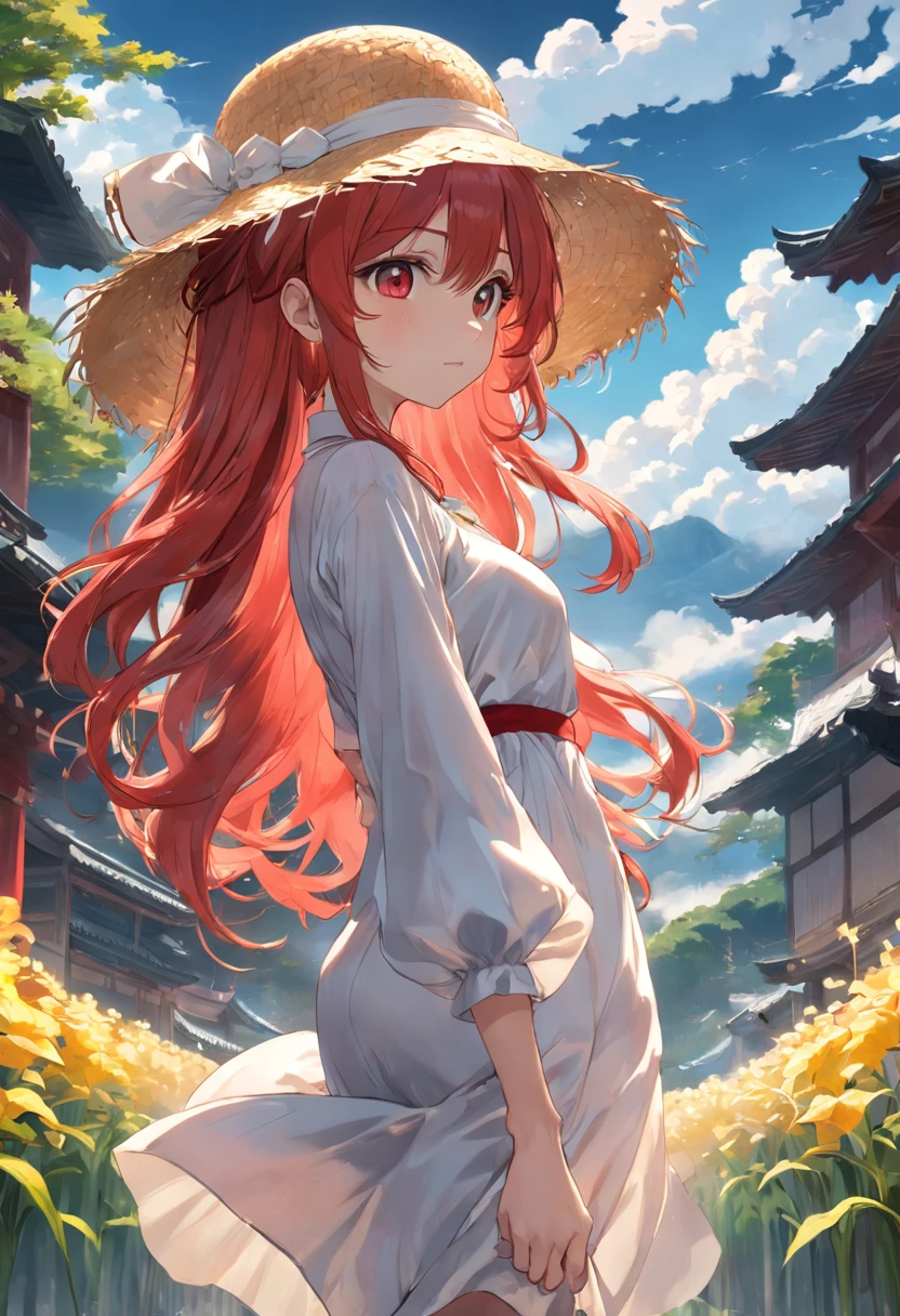 Red long-haired，White dress and yellow straw hat，夏天，​​clouds，444 Hz, Beautiful, Breathtaking, Highly detailed, 8K, Use, Affectionate, Ultra photo realsisim, scenery