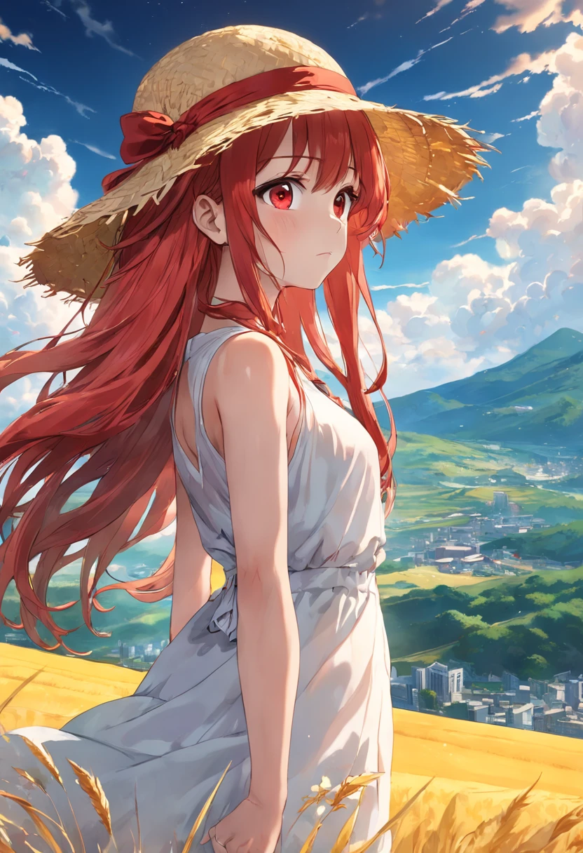 Red long-haired,White dress and yellow straw hat,夏天,clouds,444 Hz, Beautiful, Breathtaking, Highly detailed, 8K, Use, Affectionate, Ultra photo realsisim, scenery