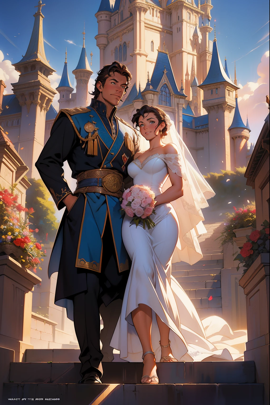 painting of a couple in a wedding dress standing in front of a castle, disney concept art, style of tim hildebrandt, romance novel cover, greg hildebrandt highly detailed, by Tim Hildebrandt, rob rey, rob rey and kentarõ miura style, by Greg Hildebrandt, disney art, fairytale painting,