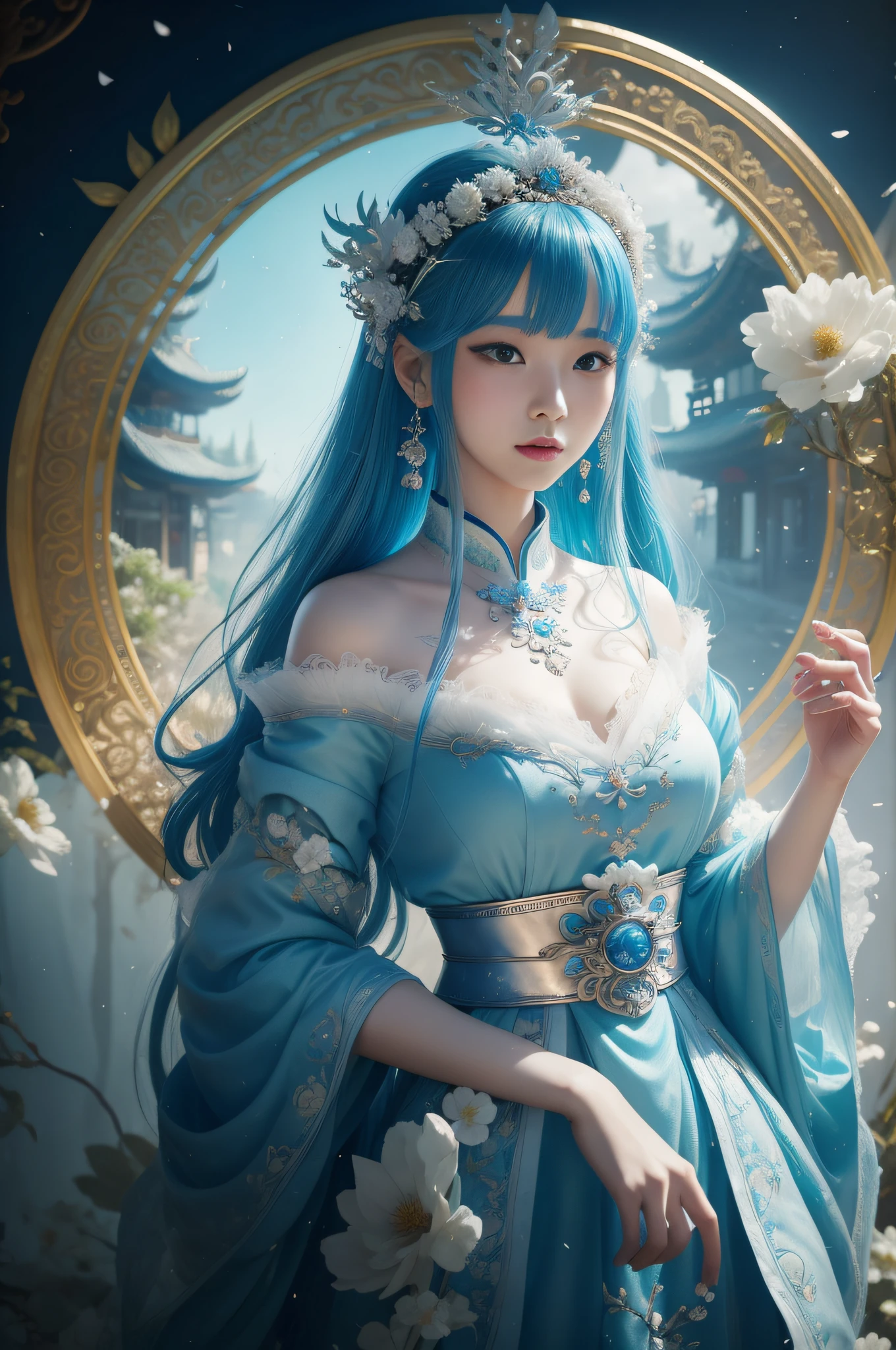 Girl with blue hair and white dress with flower crown,palaces,hanfugirl,Guviz-style artwork,Guvitz,inspired by Leng Mei,A beautiful fantasy queen,Inspired by Lee Mei Shu,Popular on CGSTATION,inspired by Ai Xuan,white hanfu,((a beautiful fantasy empress))