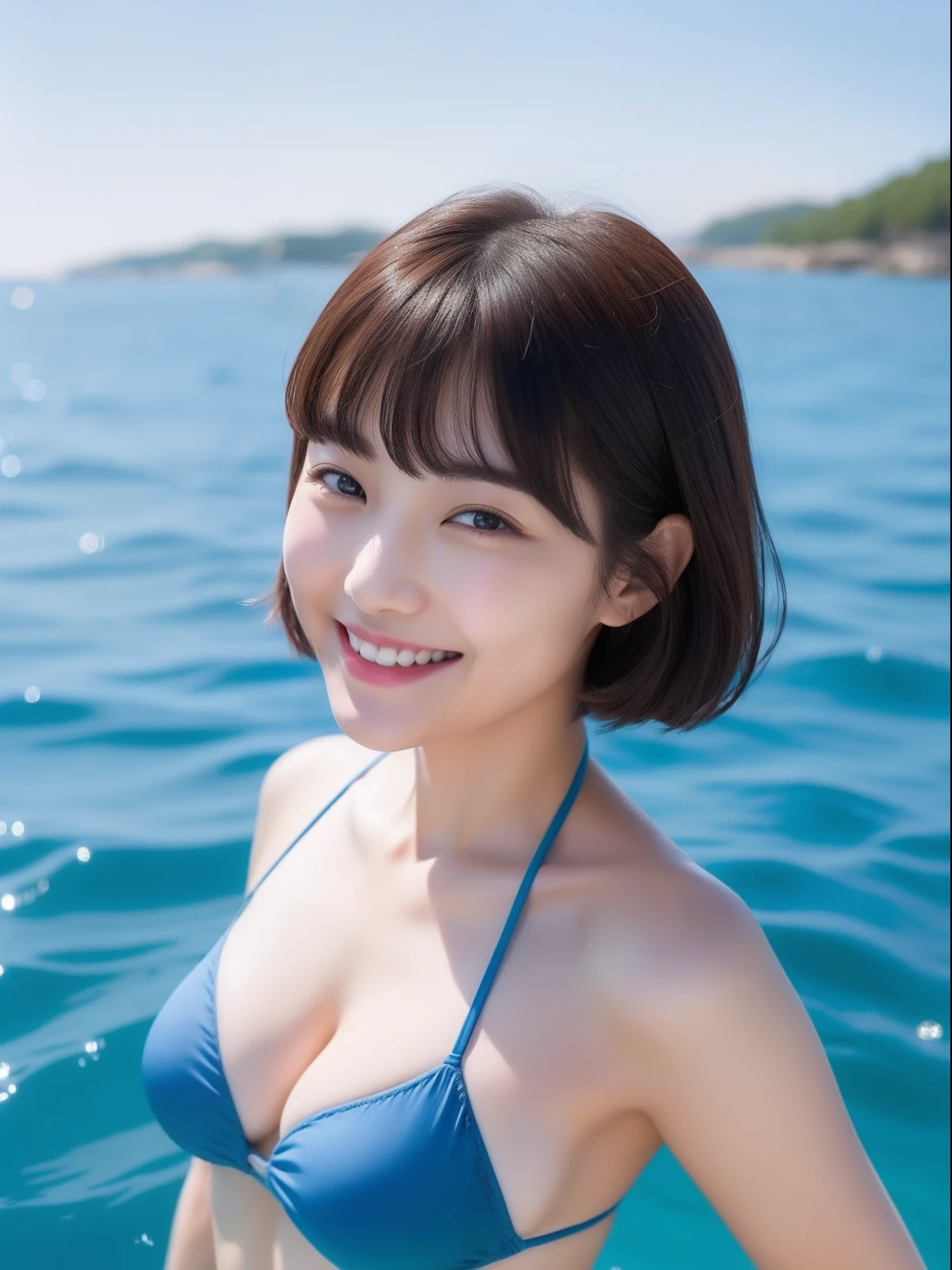 table top, highest quality, shape, Super detailed, finely, High resolution, 16k, perfect dynamic composition, straight hair, medium hair, brown hair,natural color lip, smile, 20歳のgirl、cute、beautiful、完璧でbeautiful顔, beautiful and detailed face, slim face and body, Elegant face, KPOP idol face、Japanese idol faces、small face、Big eyes, brown eyes, droopy eyes, 緻密でbeautiful目,  girl, "A joyful scene of a woman playing with a colorful inflatable ring in the sea during a bright sunny day. She's laughing and having fun, splashing water around as she floats effortlessly on the vibrant ring. The clear blue sky and the sparkling sea create a perfect backdrop for this playful moment, cinematic composition, trending on artstation.”