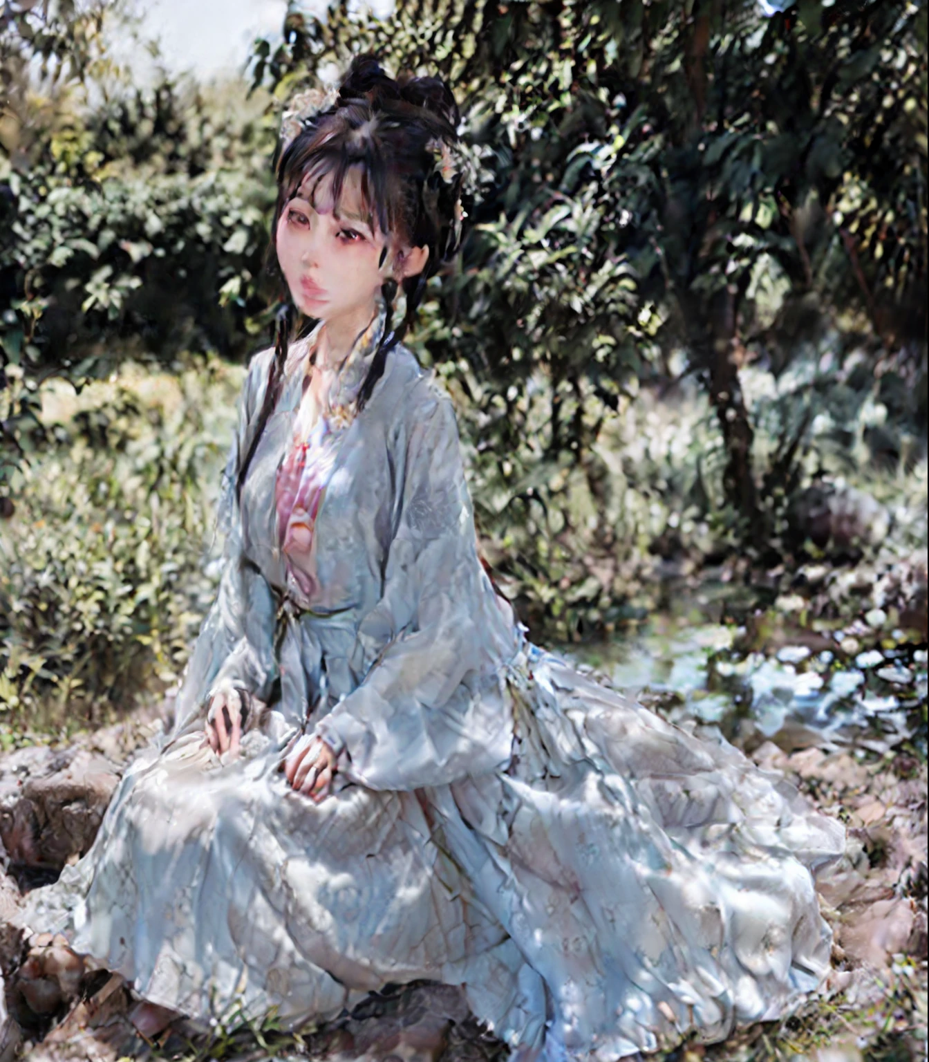 Arakfi Asian woman in white dress sitting on a wooden bench, cute elegant pose, gorgeous chinese models, Japanese goddess, stunning elegant pose, Realistic young gravure idol, Attractive pose, elegant seducing pose, Wear a wet body, beautiful Korean women, Beautiful Asian girl, sophisticated gravure idol, Young sexy elegance，Transparent to see plump buttocks and big breasts，Open the thighs frontally