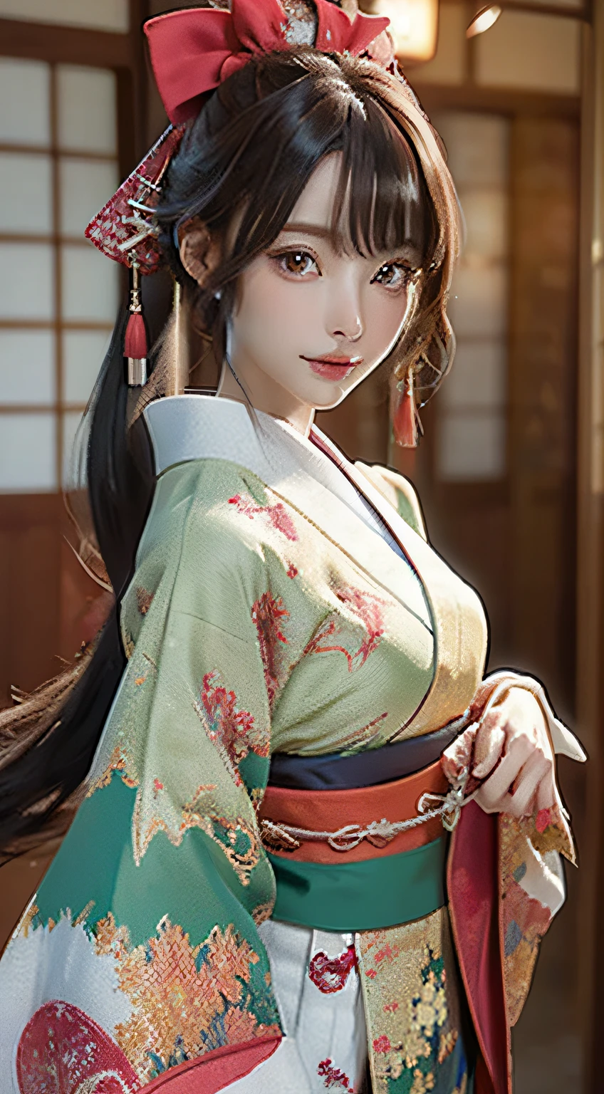 Official art, 统一 8k 壁纸, ultra-detailliert, Beautifully Aesthetic, masterpiece, top-quality, (Zentangle, Tangles, Entanglement), (Fractal Art: 1.4), 1girl in, A dark-haired, japanse, bare shoulders, a short skirt, Calf, ighly detailed, dynamic ungle, cowboy shot, (The most beautiful forms of chaos), A flowing, (bright colour), nffsw, (half: 1.2), japanese-inspired, (Tanka Flying Sky: 1.5), (bow ribbon: 1.3), (Dreams: 1.5), (A Japanese style: 1.5), Japan Phoenix、(A smile:0.5)、(japanese god)、