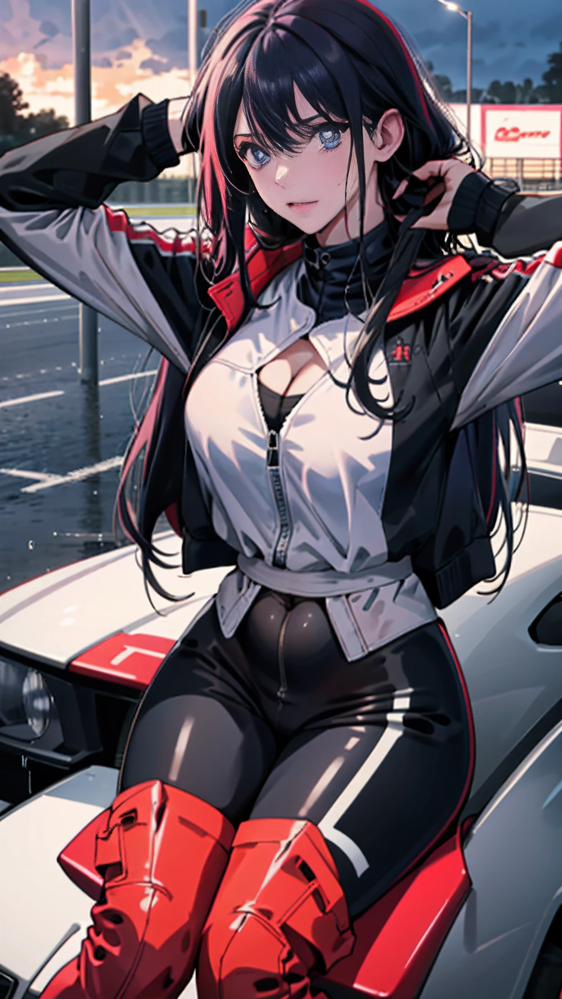 masterpiece,(ultra-detailed),1girl,, car,  racecar, circuit,   black bodysuit, cropped jacket, white jacket, long sleeves, two-tone gloves, thigh boots,The belly is exposed，large bust，Large breasts，long leges，Love Hoshino of racing，Flame it up，Squat or stand or sit，rainy sky，drenched all over the body，Behind you is a professional racing track，Abs，drenched all over the body，Eyes rolled up，scantily clad，big breasts exposed cleavage