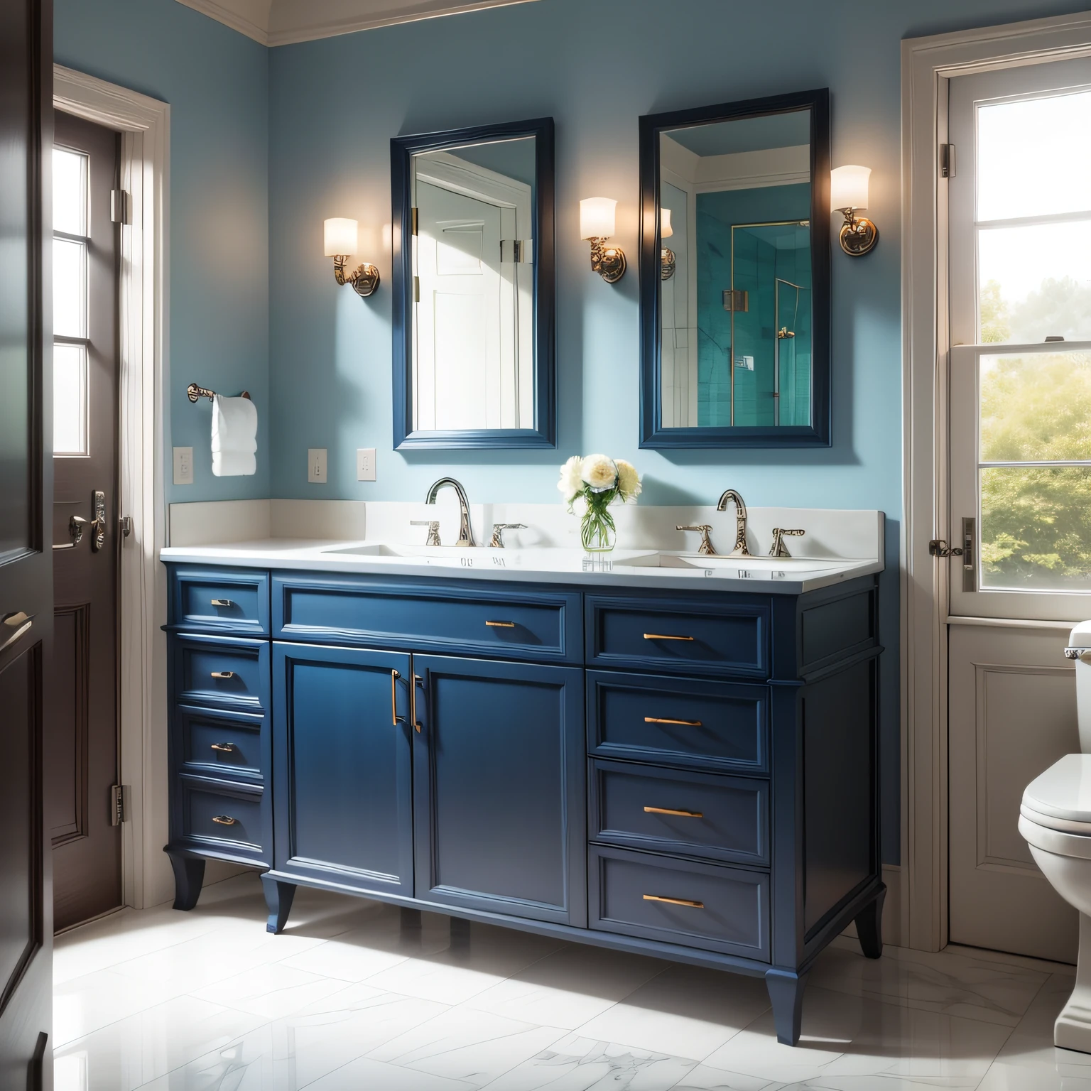 bathrooms with blue vanity with Functional Details