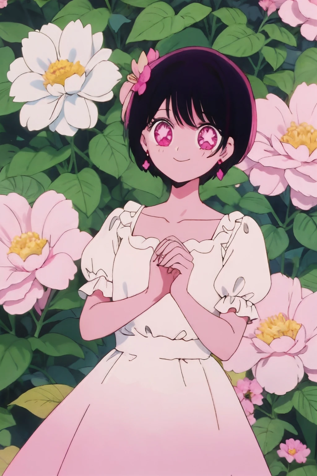 1girl, 独奏, Black hair, dress, pink dress, flower, hair flower, jewelry, hair decoration, earrings, pink eyes, short hair hair, collarbone, smile, looking at the scenes, short sleeves, Prince of the Pink Flower;