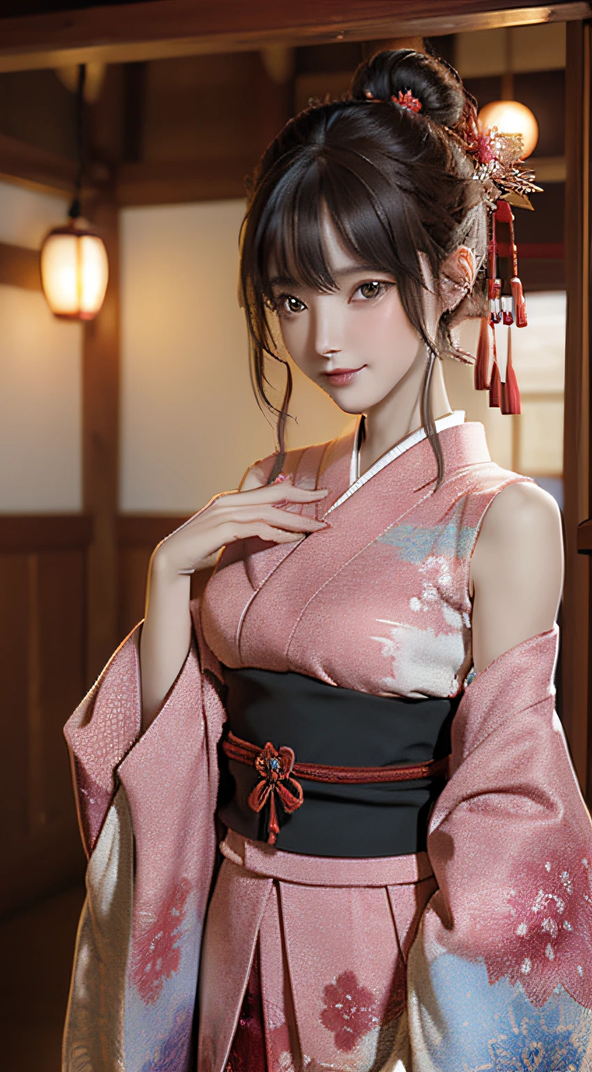 Official art, 统一 8k 壁纸, ultra-detailliert, Beautifully Aesthetic, ​masterpiece, top-quality, (Zentangle, Tangles, Entanglement), (Fractal Art: 1.4), 1girl in, A dark-haired, japanse, bare shoulders​, a short skirt, Calf, ighly detailed, dynamic ungle, cowboy  shot, (The most beautiful forms of chaos), A flowing, (bright colour), nffsw, (half: 1.2), japanese-inspired, (Tanka Flying Sky: 1.5), (bow ribbon: 1.3), (Dreams: 1.5), (A Japanese style: 1.5), Japan Phoenix、(A smile:0.5)、(japanese god)、