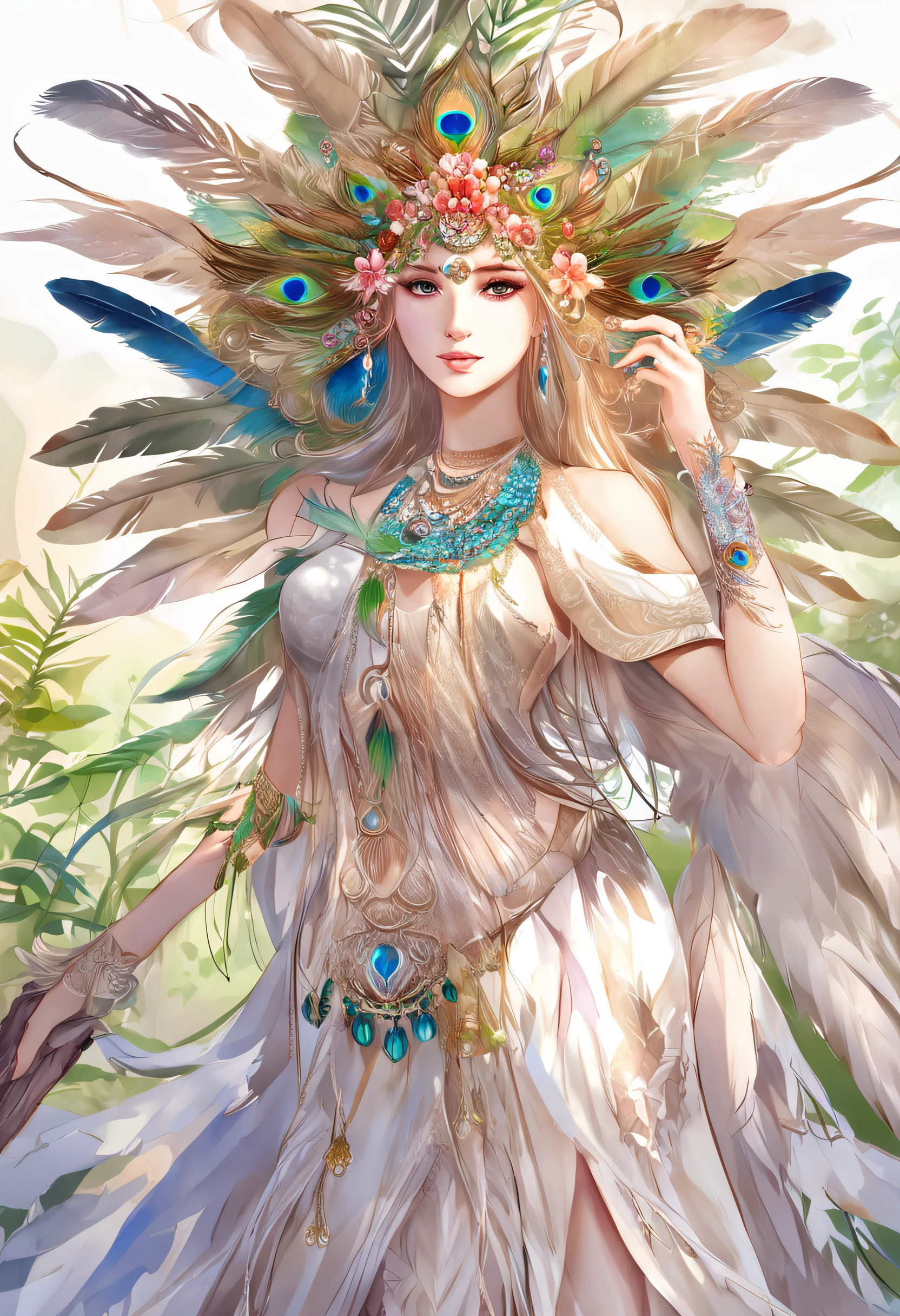 (extremely detailed CG unity 16k wallpaper:1.1), (Denoising strength: 1.45), (tmasterpiece:1.37), wallpaper, original, (1girl:1.35), (solo), full body, dynamic, blue eyes, detailed eyes, peacock wing, (disheveled hair), colored tips, colored inner hair, jewelry, intricated filigree, feathers on dress, volumetric lighting, jungle, Tyndall effect, peacock feathers, halation, (illustration), (depth of field), god rays, sparkle, glowing light, best quality, (masterpiece:1.35)  [peacock feather gorgeous dress:(peacock feathers):0.65]