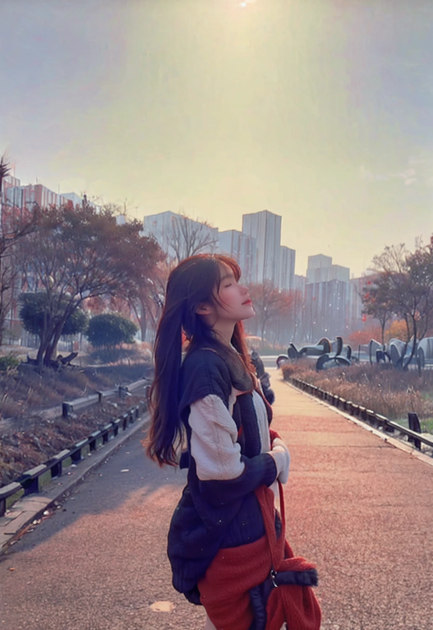 Beautiful girl in the park, side view, long hair