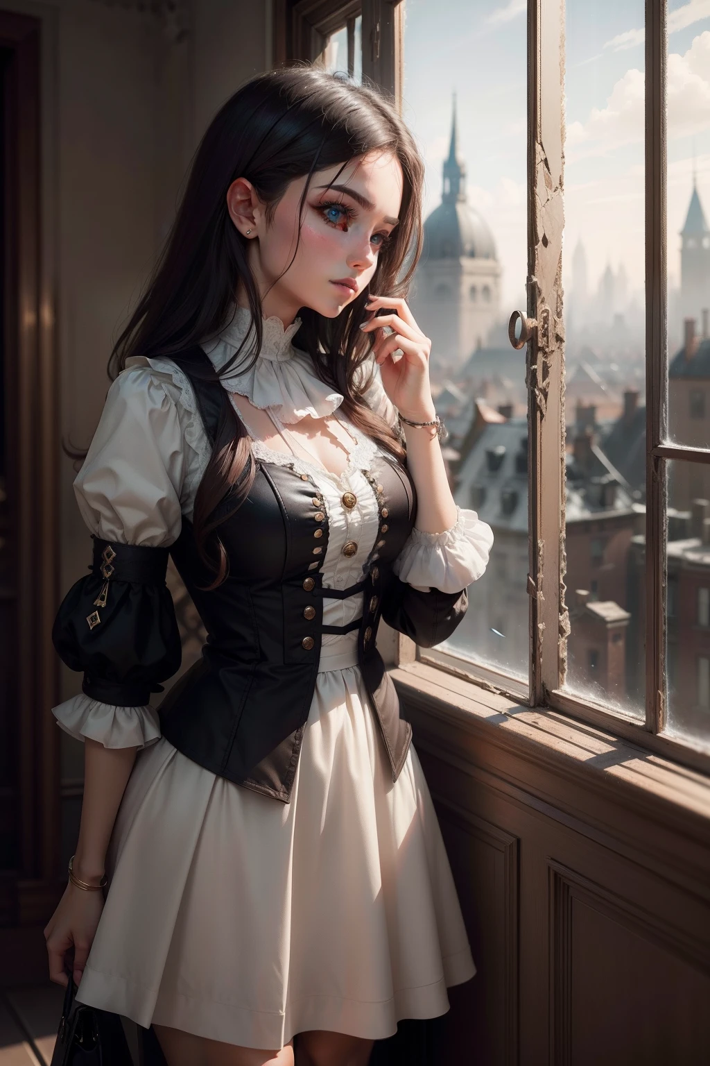 tmasterpiece,top Quority,rich details,In a broken world,The conservatively dressed woman is now looking out the window
