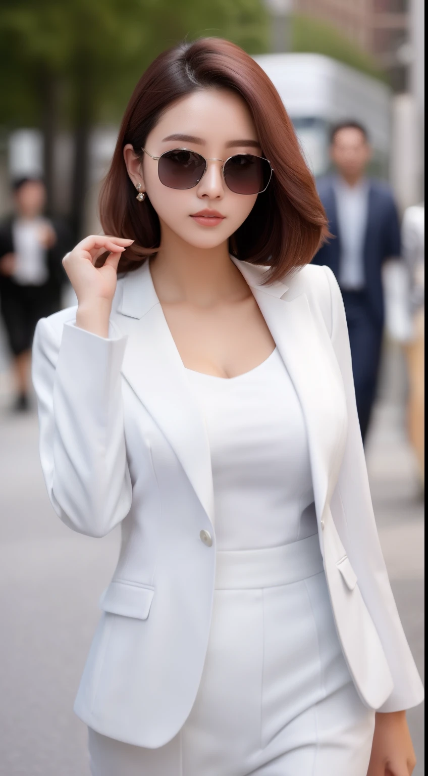 Woman in white suit and sunglasses walking down the street, wearing white suit and glasses, While wearing a white Business suits, Girl in suit, girl in a suit, dressed in a suit, dressed in a suit, wearing a suit and glasses, a beautiful woman in white aodai, wearing futuristic white suit, wearing white clothes, Korean woman, wearing elegant outfits, wearing fashion suit, wearing a blazer