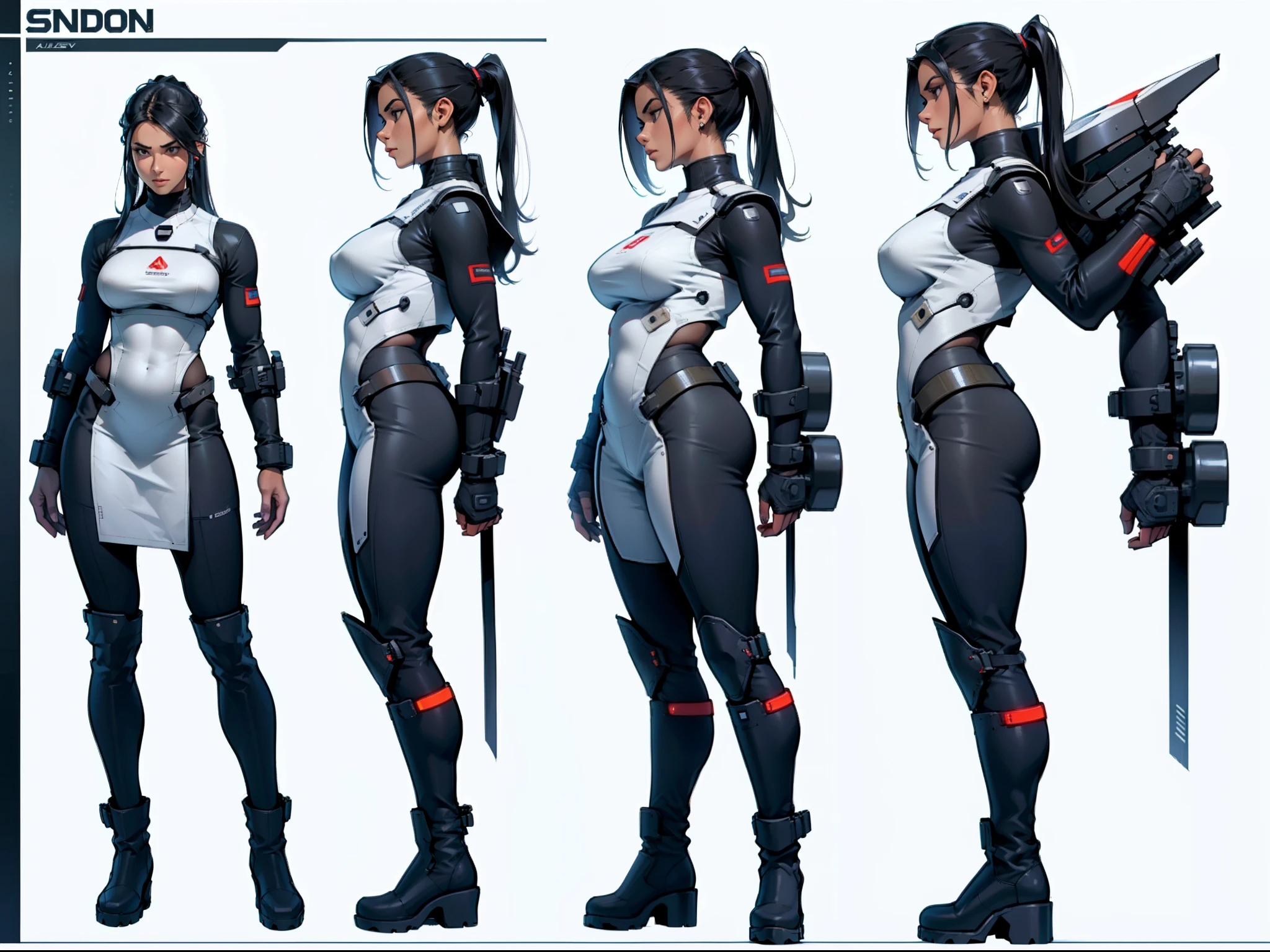 (((A detailed character sheet))), ((front view, side view, three-quarter view)), with a ((white background)), depicting a 33-year-old Indian woman with black tied hair, (((wearing futuristic Scandinavian spaceship clothing with high boots))). The sheet includes different angles, such as front, rear, and side views, as well as a template sheet and a reference sheet, all featuring a full-body representation.