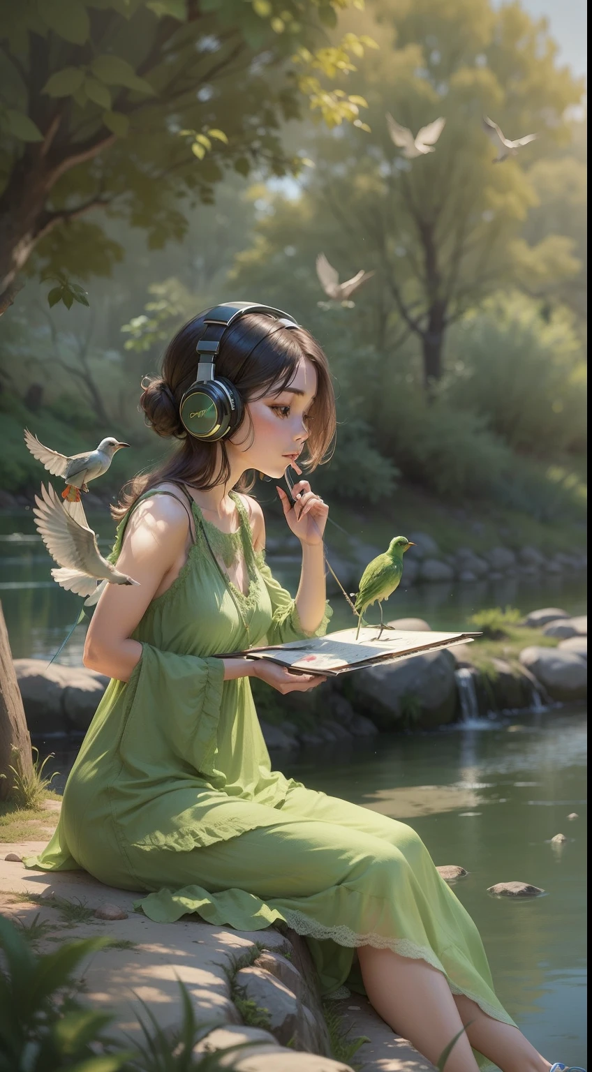 well detailed image, good quality, colored illustration, a close up of a cute with headphones on holding a microphone, curly hair, bird in her front, forest background, ((forest background:1.2)), official artwork, cute artwork, beautiful artwork, high quality artwork, absolutely outstanding image,
