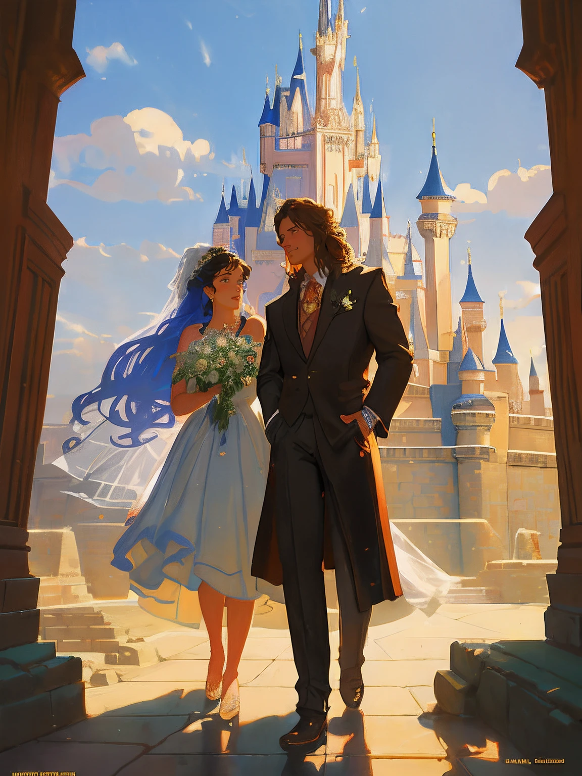 painting of a couple in a wedding dress standing in front of a castle, nice face, perfect body, disney concept art, style of tim hildebrandt, romance novel cover, greg hildebrandt highly detailed, by Tim Hildebrandt, rob rey, rob rey and kentarõ miura style, by Greg Hildebrandt, disney art, fairytale painting,