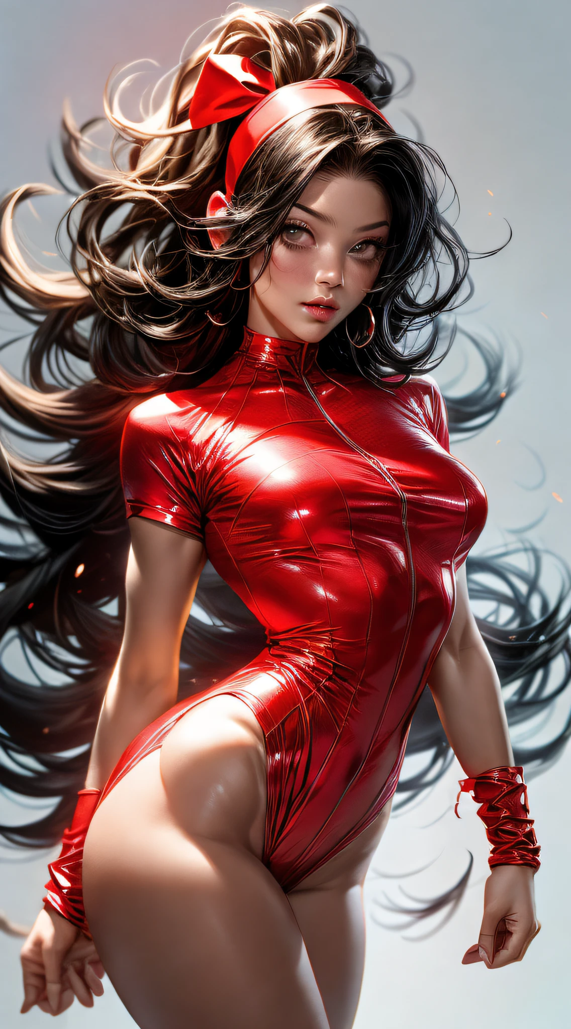 1girl, big breasts, small waist, wide hips, thick thighs, muscular legs, long curly hair, black hair, wearing ((red leotard and red headband)), ninja,niji, dynamic pose, character based on marvel's 'Elektra', full body looking at the viewer, (very detailed eyes), (extremely detailed 8k CG wallpaper), (extremely delicate and beautiful), (masterpiece), (best quality: 1.0), (ultra high resolution: 1.0), beautiful lighting, perfect lighting, realistic shadows, [high resolution ], detailed skin, ((skin texture)), super detailed