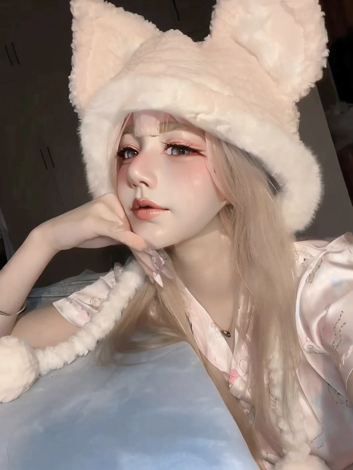 Long-haired Aravi girl in cat hat and pink robe, sakimichan, roseanne park of blackpink, belle delphine, long white hair, ulzzangs, trending at cgstation, with long white hair, very beautiful cute catgirl, tzuyu from twice, lalisa manobal, xintong chen, Korean girl,Hanfu