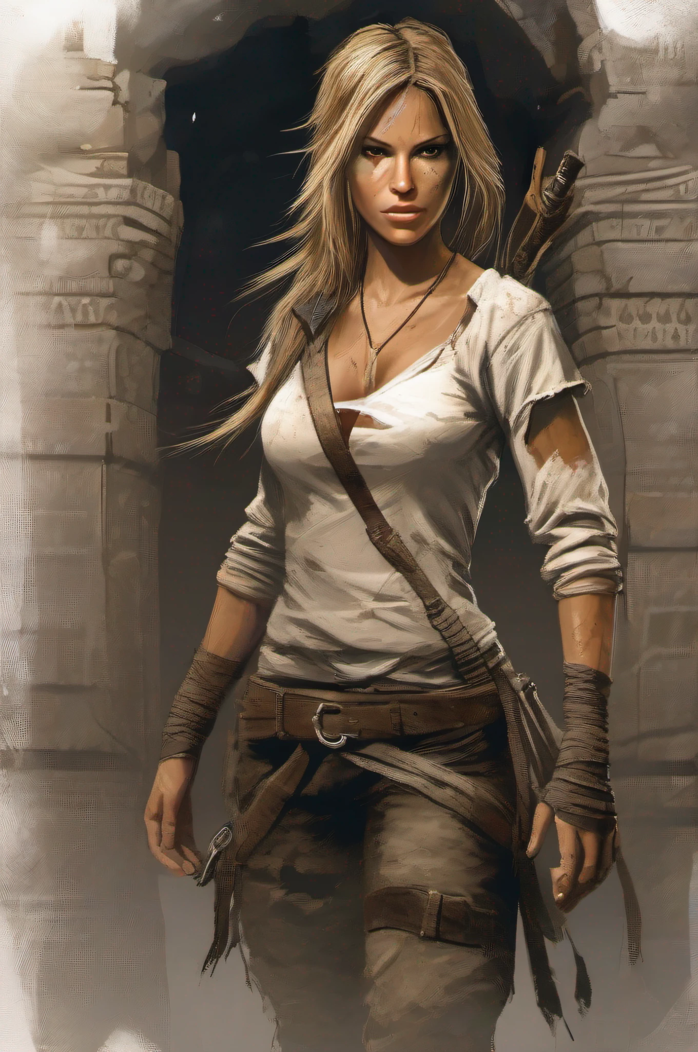 A female tomb raider with long blond hair and slightly shiny tan skin dressed in a loose open dripping tomb raider outfit, with a torn blouse with a plunging neckline, pushed down over her right shoulder; stands in a dark room lit with flickering torches inside a large ancient mysterious underground Mayan temple. Her skin and clothes are dirty with mud. A large dark menacing shadow moves in the background