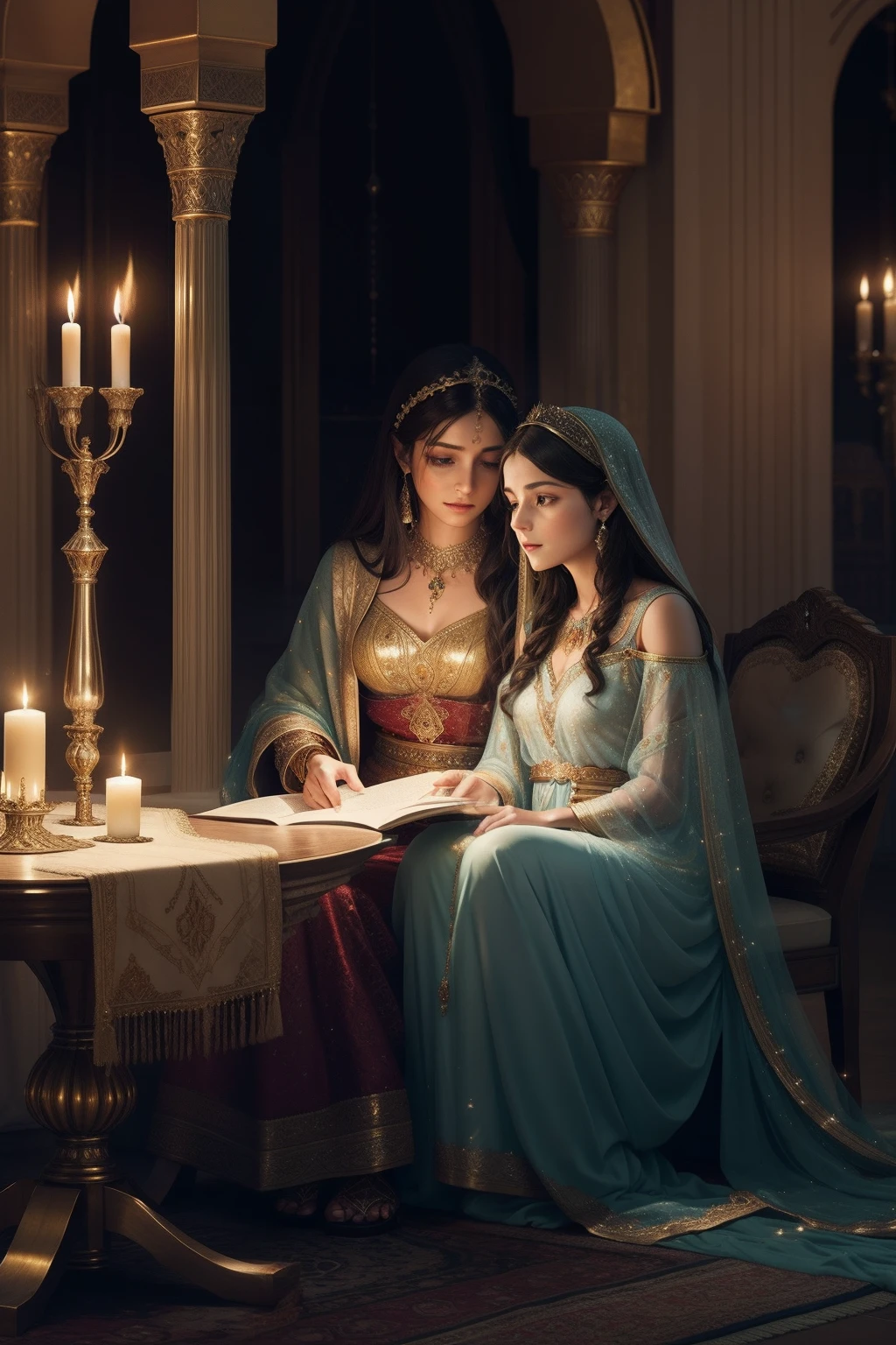 Transport yourself to a mesmerizing scene from the Arabian Nights, where the captivating Sheherazade, adorned in richly embroidered garments, sits beside her sister in the opulent palace. Bathed in the soft glow of flickering candles, she enthralls the rapt king with one of her mesmerizing stories, accompanied by the ethereal presence of her sister. As if spun from the threads of fairy tales, the ambiance radiates with an enchanting romance, whisking you away to a world where magic and storytelling converge.