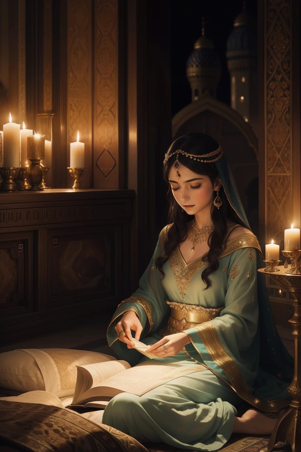Transport yourself to a mesmerizing scene from the Arabian Nights, where the captivating Sheherazade, adorned in richly embroidered garments, sits beside her sister in the opulent palace. Bathed in the soft glow of flickering candles, she enthralls the rapt king with one of her mesmerizing stories, accompanied by the ethereal presence of her sister. As if spun from the threads of fairy tales, the ambiance radiates with an enchanting romance, whisking you away to a world where magic and storytelling converge.