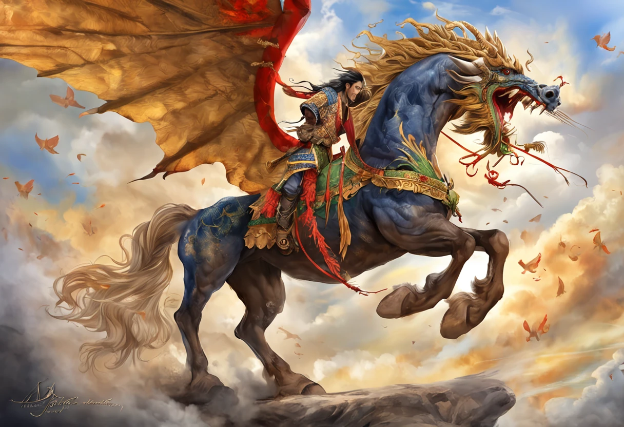 ighly detailed, masterpiece, fantastic quality, Ultra-high-definition CG images, Perfect litthing, realistic shadow, magnificent scene, A creature mixed with Chinese dragons and horses,dramatic sky, vivd colour.