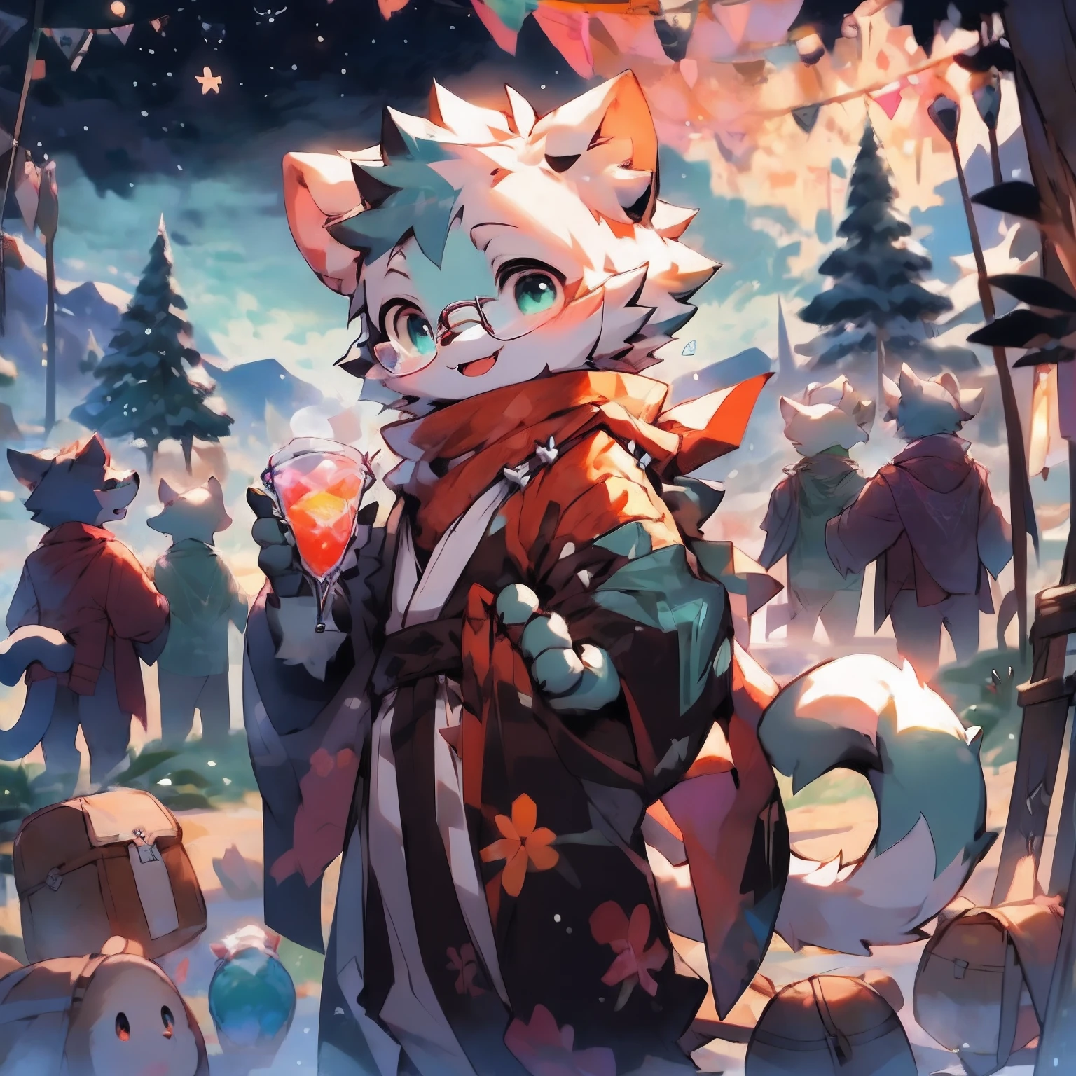 a fully grown and mature adult cat with big circle glasses and a red scarf, a handsome cat fursona with teal fur color, the chest has white fur, white fur around mouth and cheeks, white hair, fluffy black cat ears, fluffy white neck, he is standing tall in a snowy place, looking up to the snowy sky with a bright smile. snowy landscape. bushy tail, and perked up fluffy big ears. He wears a fluffy warm and cozy kimono, he is holding a warm cup of cacao on one hand, he is reaching out his other hand to the camera. His eyes are bright with wonder as he surveys the snowy woods outside the cabin, a lot of snowflakes falls down from the sky. The fully grown and mature and tall adult cat has a relaxed expression, ready to explore the outside world. the cat is tall. big trees covered by snow in the background, there are colorful fireworks in the snowy sky, there are steep and tall mountains in the background covered in snow, there are wooden houses in the background, it is sunset time and the perspective of view is zoomed out