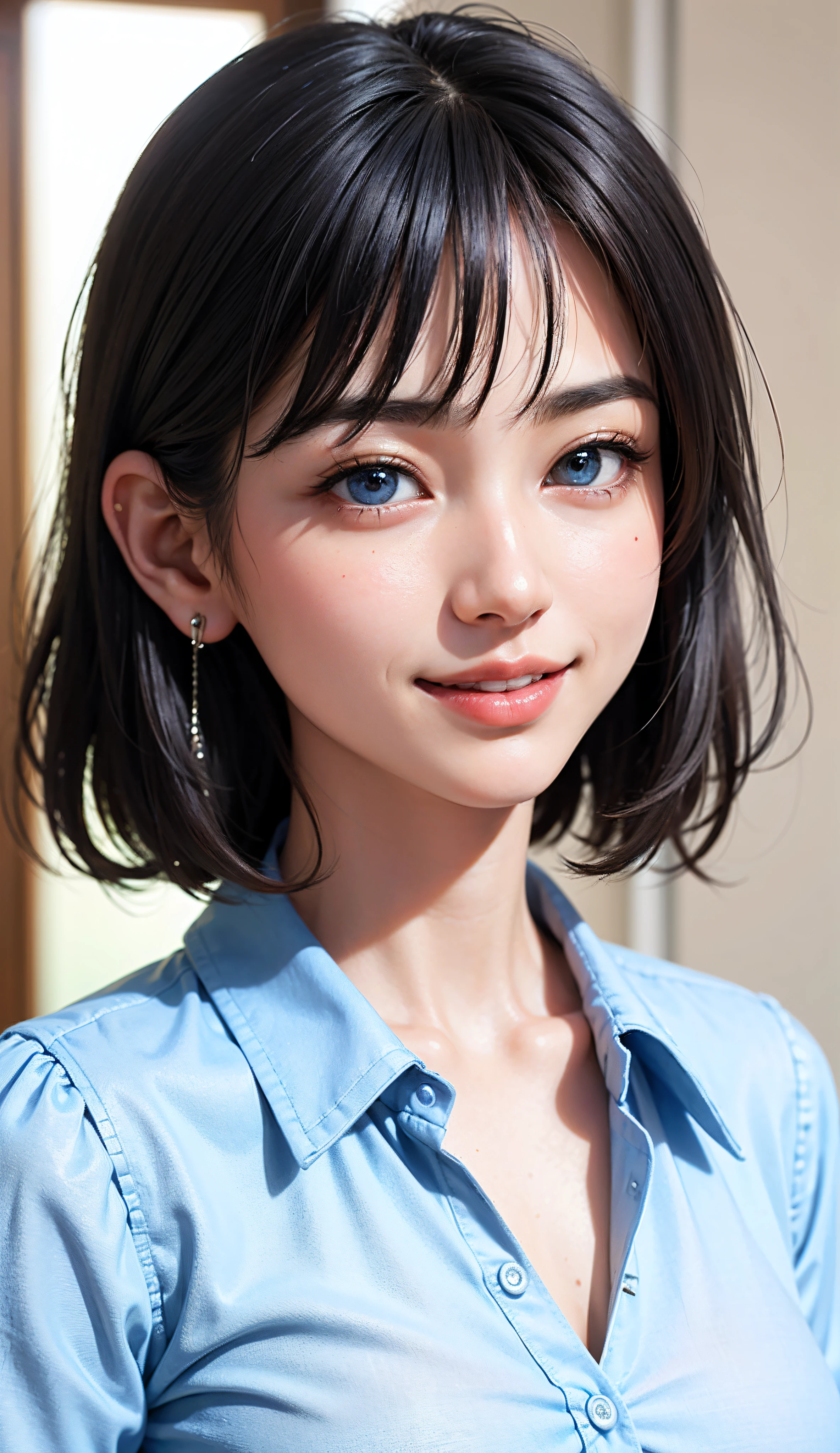 (high-level image quality、high-detail、hightquality、hight resolution、Draw everything in high resolution)、Intense crystal light blue eyes、耳Nipple Ring、Look firmly at the camera、Put your ears out、Beautiful black hair、Beautiful berry short beautiful hair with bangs、beautiful decollete、Beautiful 28 years old、lipgloss、long neck、Happy smile、Beautiful teeth alignment、Beautie、Pretty Woman、business white shirt