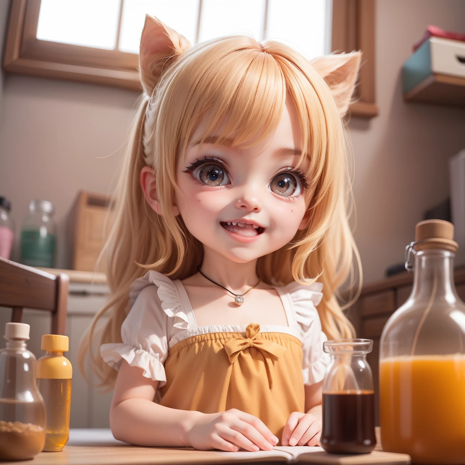 Cute Chibi Anime,(((Super masterpiece、top-quality、ultra-detailliert、1 girl in、Chibi:1.5)))、in a house、Chibi Laboratory、scientist、Smile with open mouth、a small face、Looking at the camera、A detailed face、highdetailskin、Beige Sauvage Hair、Light shines on the windowsill in a fairy tale(Chibi:1.4)