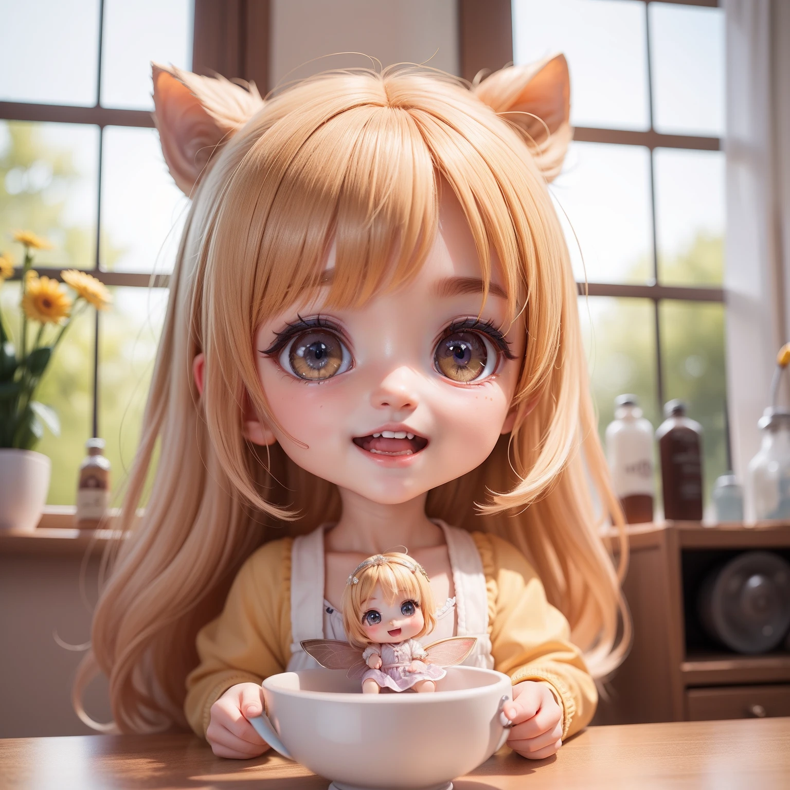 Cute  Chibi Anime,（（（Super masterpiece、top-quality、ultra-detailliert、1 girl in、Chibi：1.5）））、in a house、Chibi Laboratory、scientist、Smile with open mouth、a small face、Looking at the camera、A detailed face、highdetailskin、Beige Sauvage Hair、Light shines on the windowsill in a fairy tale（Chibi：1.4）