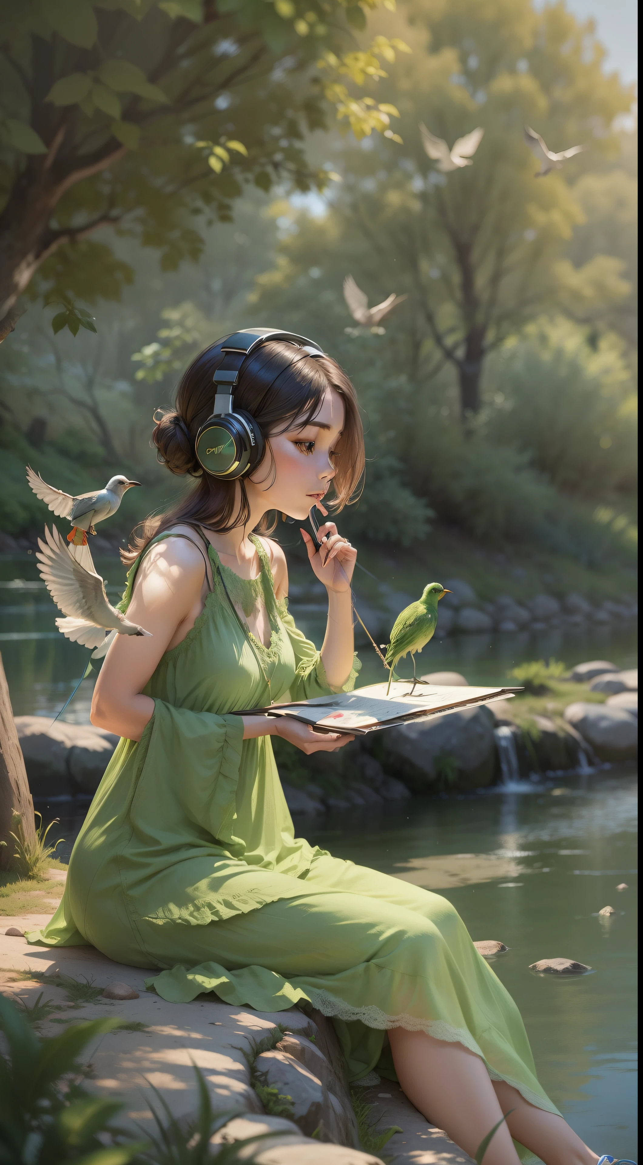 "1woman, solo, drawing on a canvas while listening to music under a tree, behind the river with bird, wearing a green dress,on her head headphones."