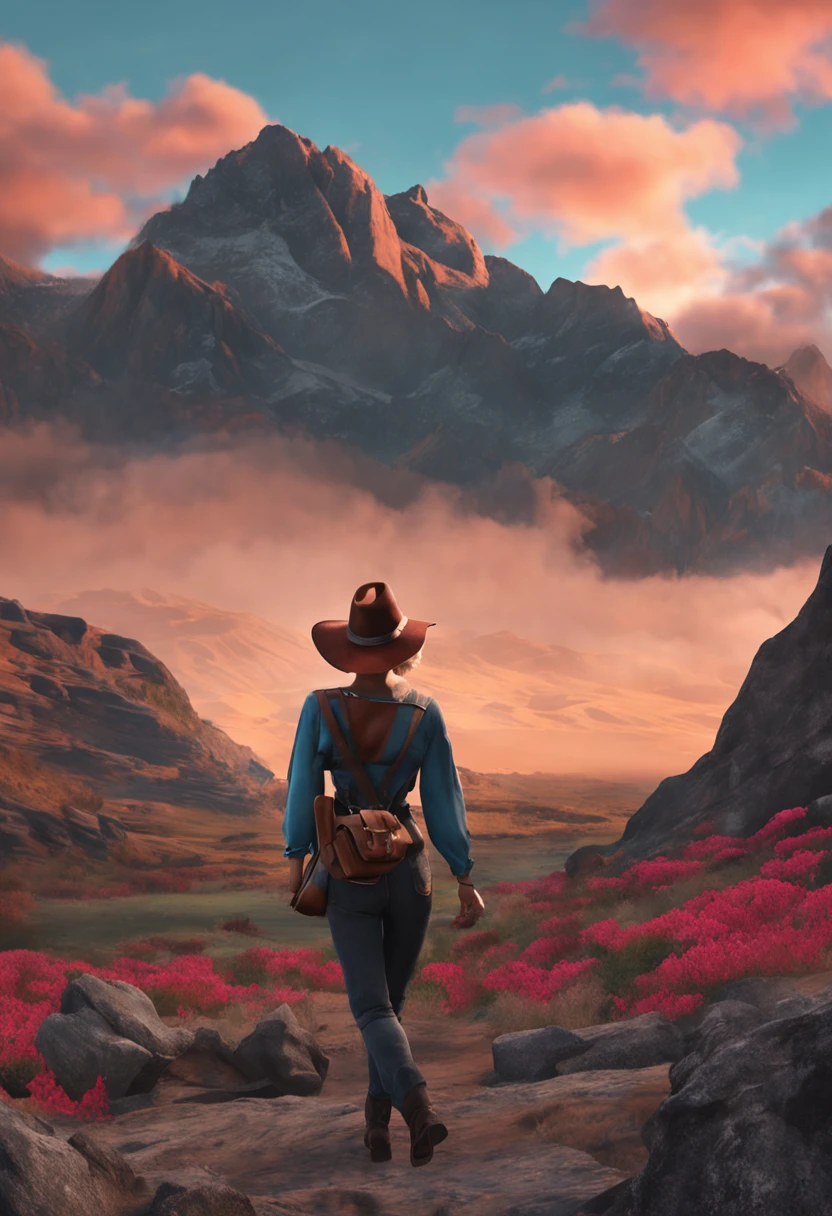 (realistic,painting_style,) mature, amelia watson, virtual youtuber, short hair, blonde, choker, masterpiece, best quality, cowboy_shot, standing, realistic eyes, head tilt, smug, looking_at_viewer, mountain, holding_flowers