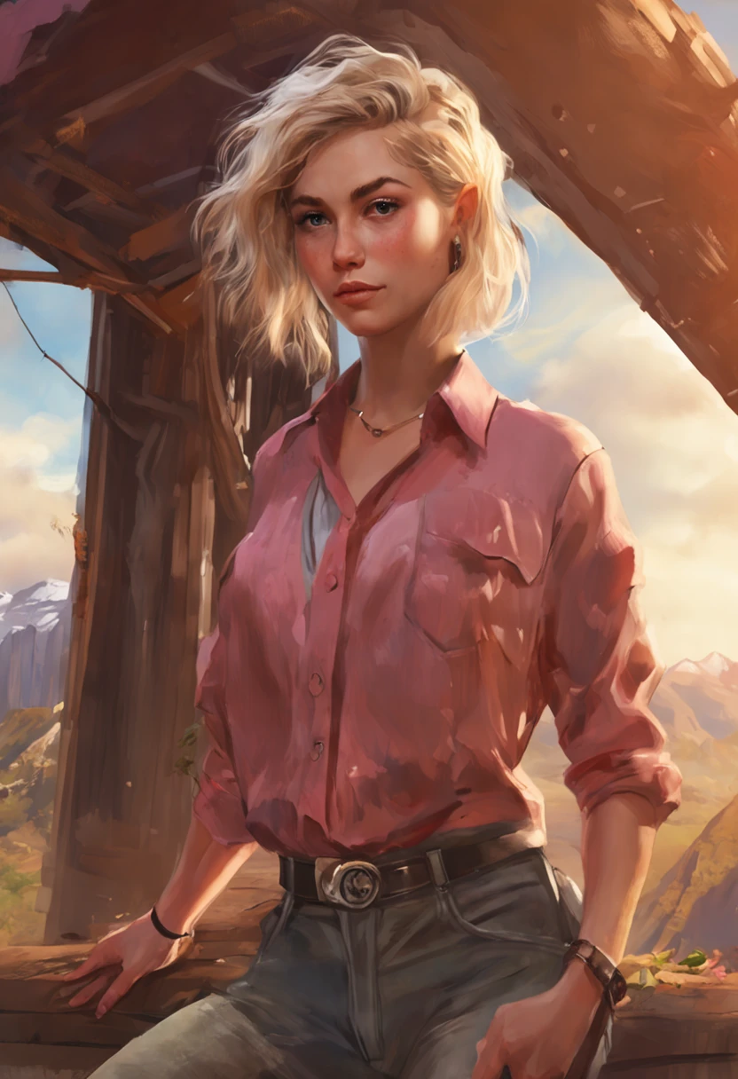 (realistic,painting_style,) mature, amelia watson, virtual youtuber, short hair, blonde, choker, masterpiece, best quality, cowboy_shot, standing, realistic eyes, head tilt, smug, looking_at_viewer, mountain, holding_flowers