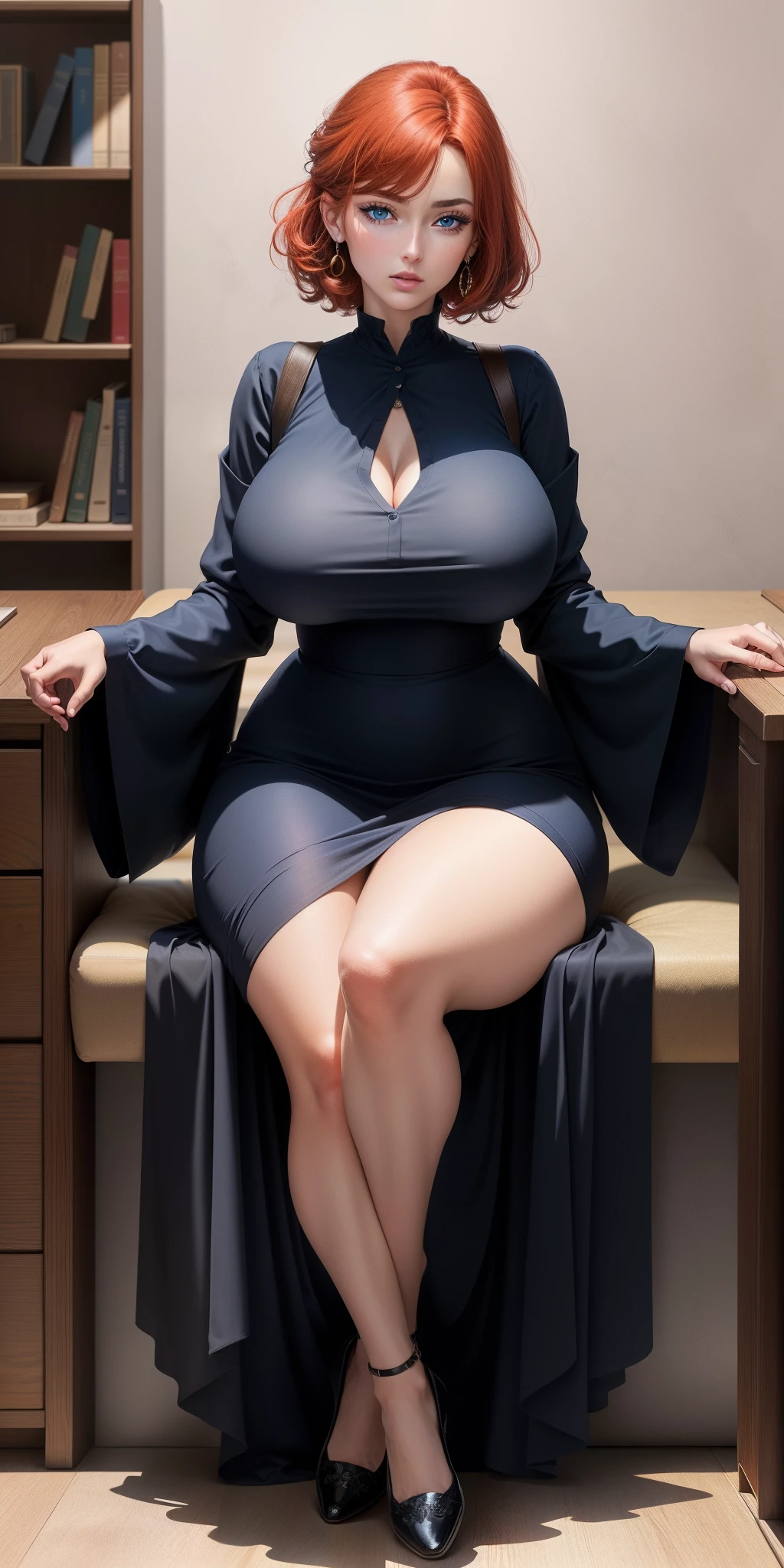realistic, 1 women, best quality, 12k, HD, long hair, (big round breasts:1.5), cleavage, ponytail, necklace, jewelry, shorts, short jacket, slim hips, hair tie, yellow eyes, black hair, super detailed, Eye details, hair details, person details, mouth details, face details, breast details, clothes details, hair details, pants details, hand details, whole body
