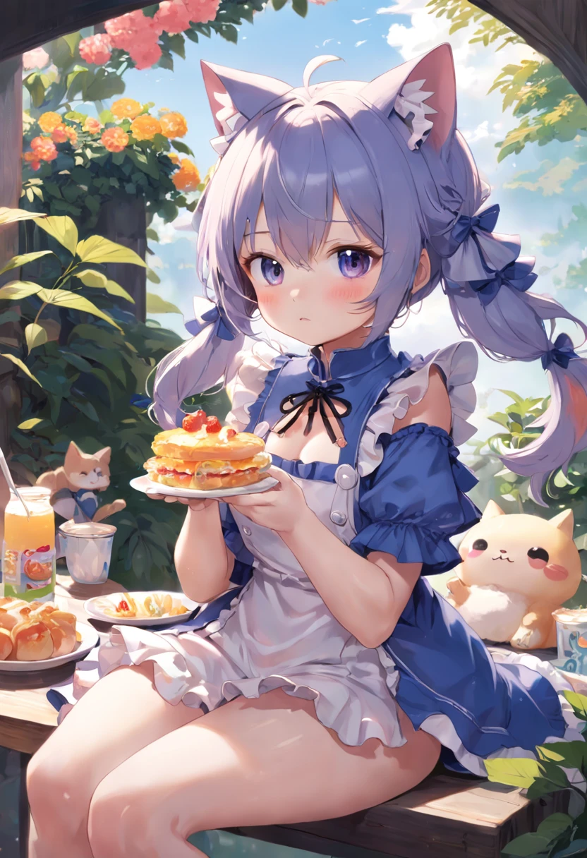 Ruffles are not required on the arms，Stay in the garden，Anime cat ears girls wear one piece, Loli in clothes is eating breakfast, small curvaceous loli, Art is not the Guweiz style, Güvez on Pisif Art Station, guweiz on artstation pixiv, Guviz, Little girl Lori, Soft anime illustration, cute girl anime visuals, detailed digital anime art