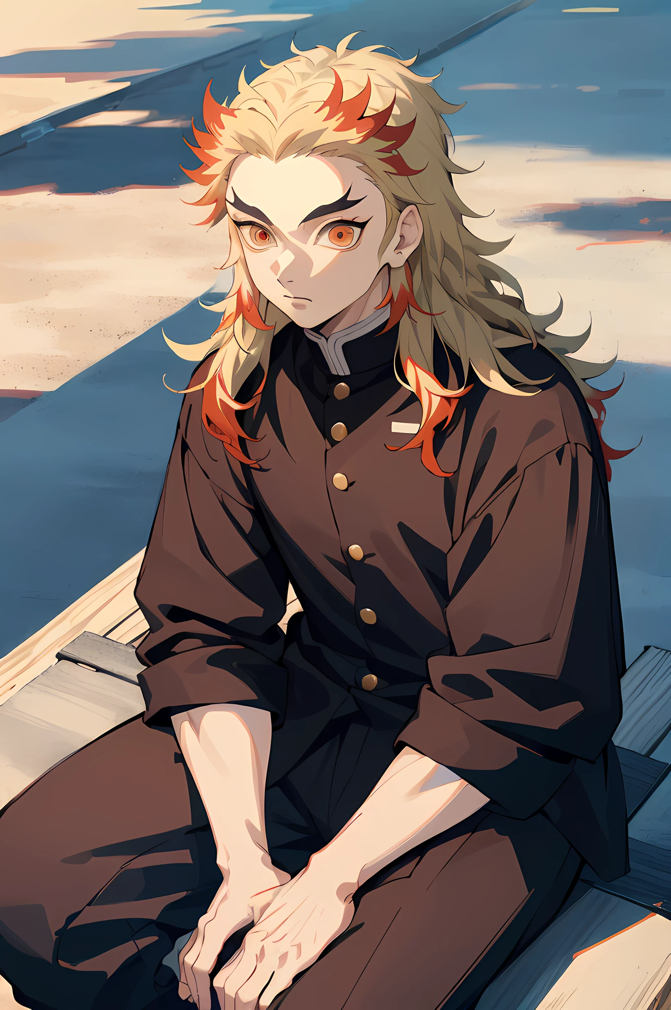 1 boy, kyojuro rengoku, wearing a open black hoddie, wearing a plain white shirt, park background, sitting on a bench, blue sky, high reaolution, ultra sharp, 8k, masterpeice, Demon Slayer, long hair, looking at viewer, anime boy, hyper detailed, cinematic lighting.